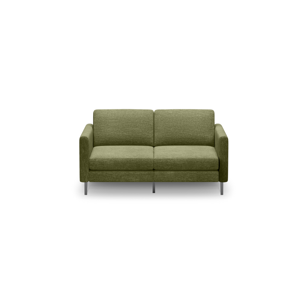 Modern olive green two-seater sofa with fabric upholstery, straight armrests, rectangular cushions, and metal legs.