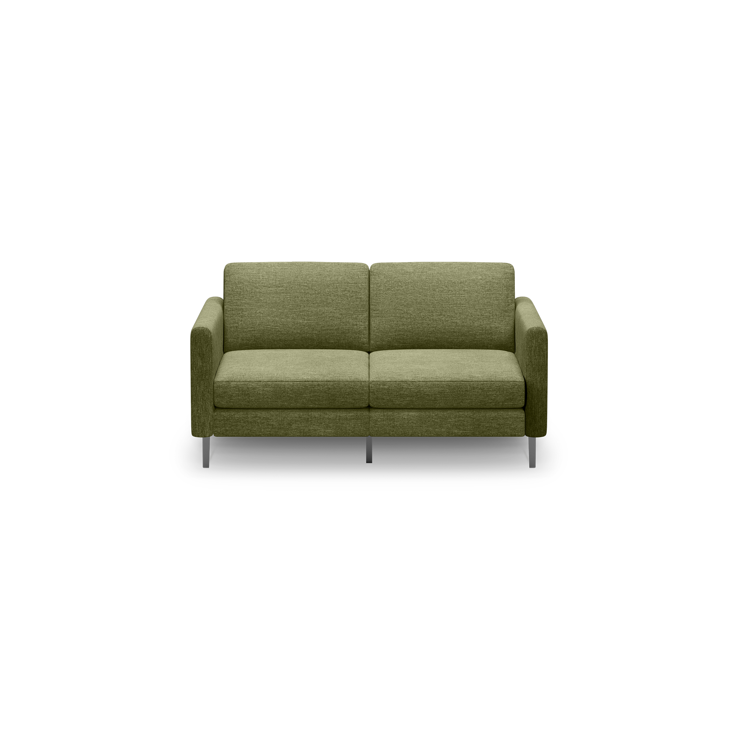 Modern olive green two-seater sofa with fabric upholstery, straight armrests, rectangular cushions, and metal legs.