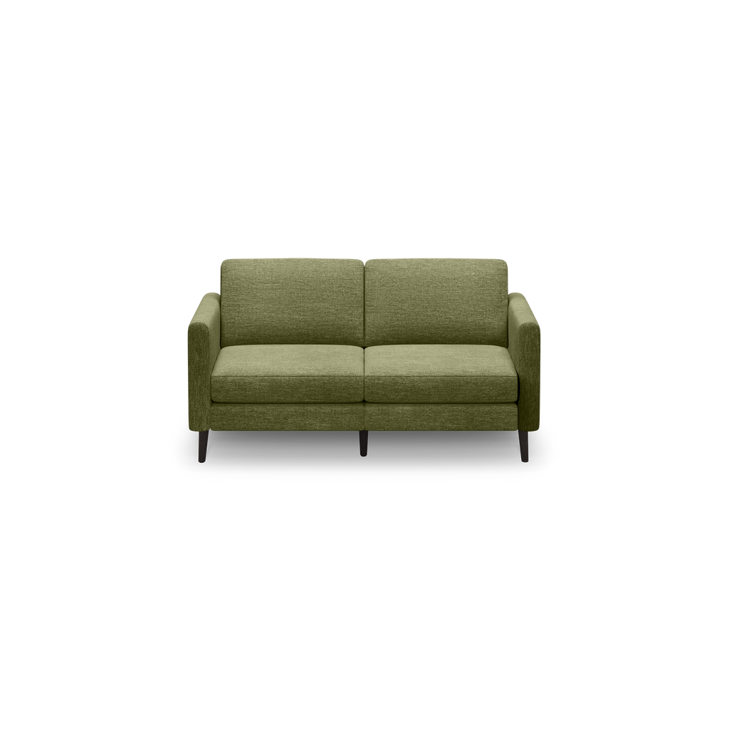 Two-seater olive green fabric sofa with straight arms and dark wooden legs on black background.