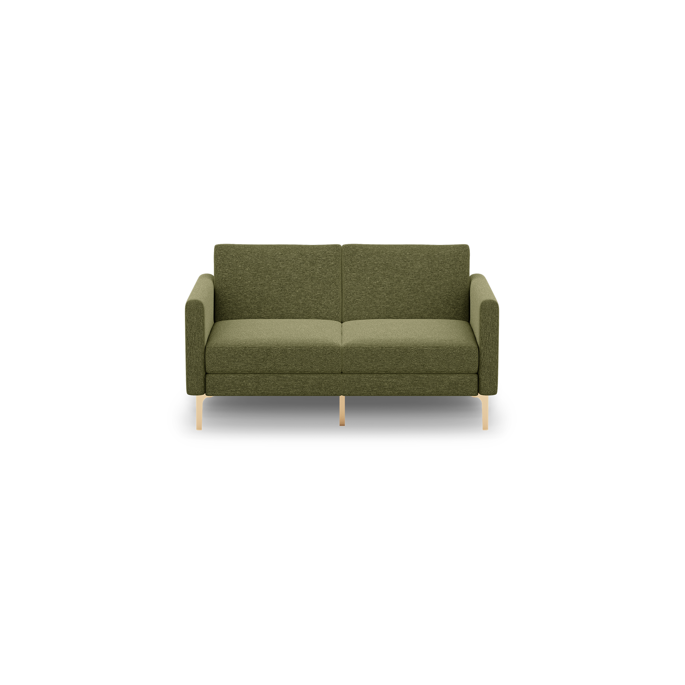Two-seater olive green fabric sofa with straight arms and light wooden legs on a black background.