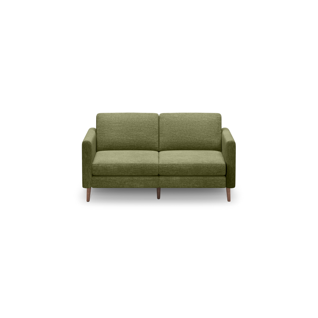 Green two-seater sofa with clean lines, upholstered fabric, cushioned seats, armrests, and wooden legs on a black background.