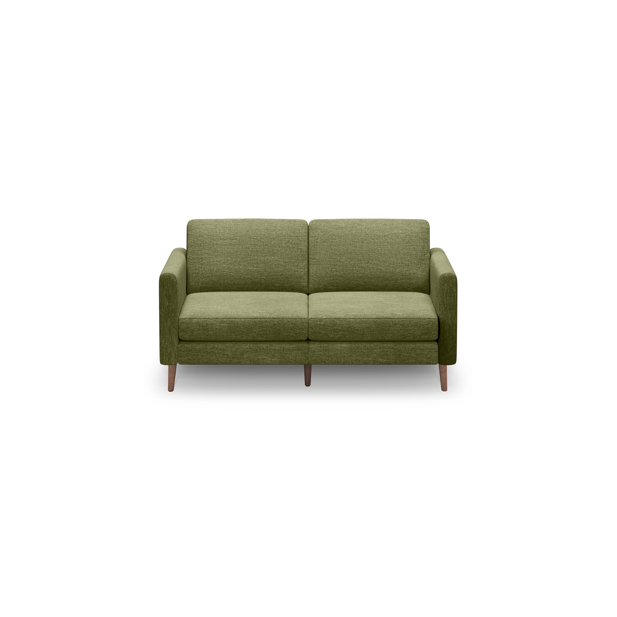 Green two-seater sofa with clean lines, upholstered fabric, cushioned seats, armrests, and wooden legs on a black background.