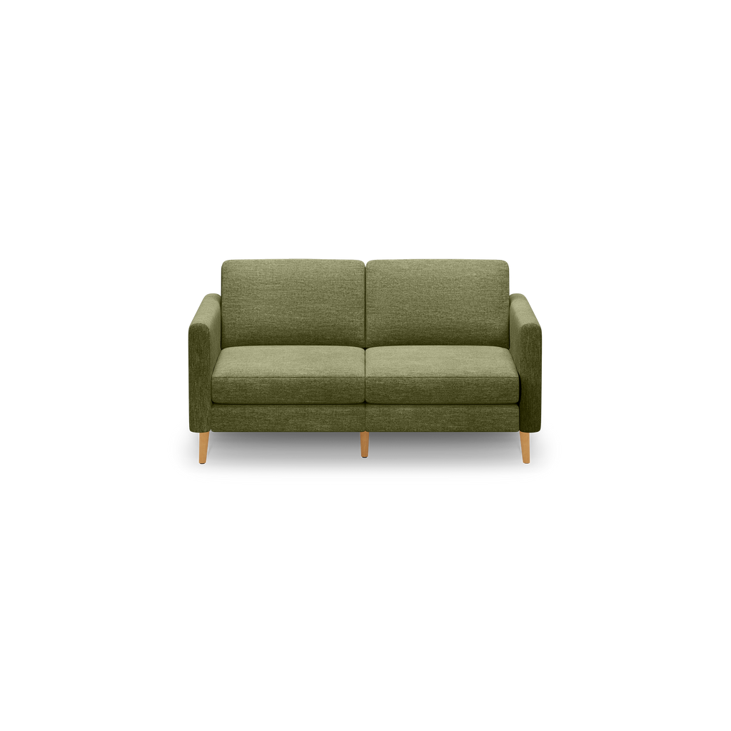 Two-seater sofa with olive green fabric upholstery and light wooden legs, featuring squared armrests and cushioned seats.