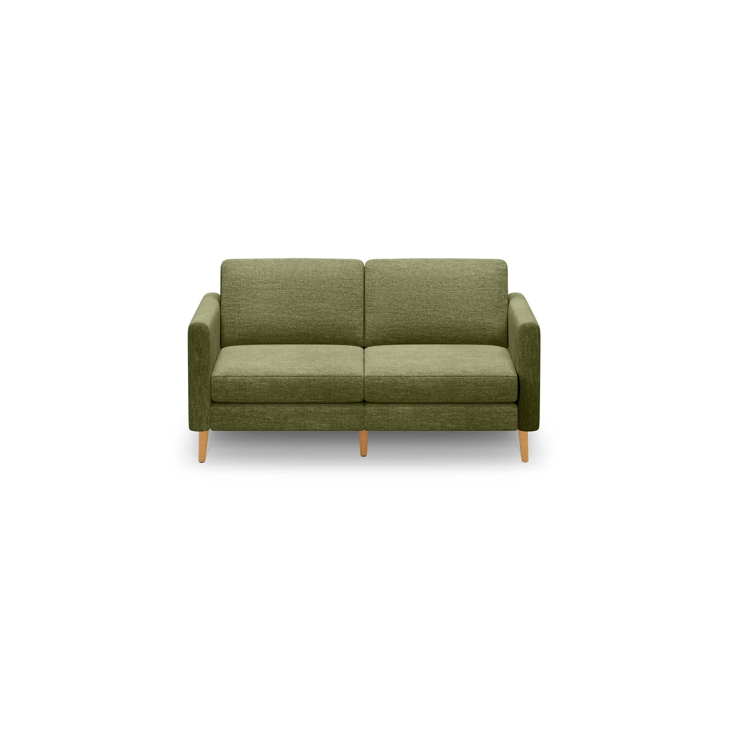Two-seater sofa with olive green fabric upholstery and light wooden legs, featuring squared armrests and cushioned seats.