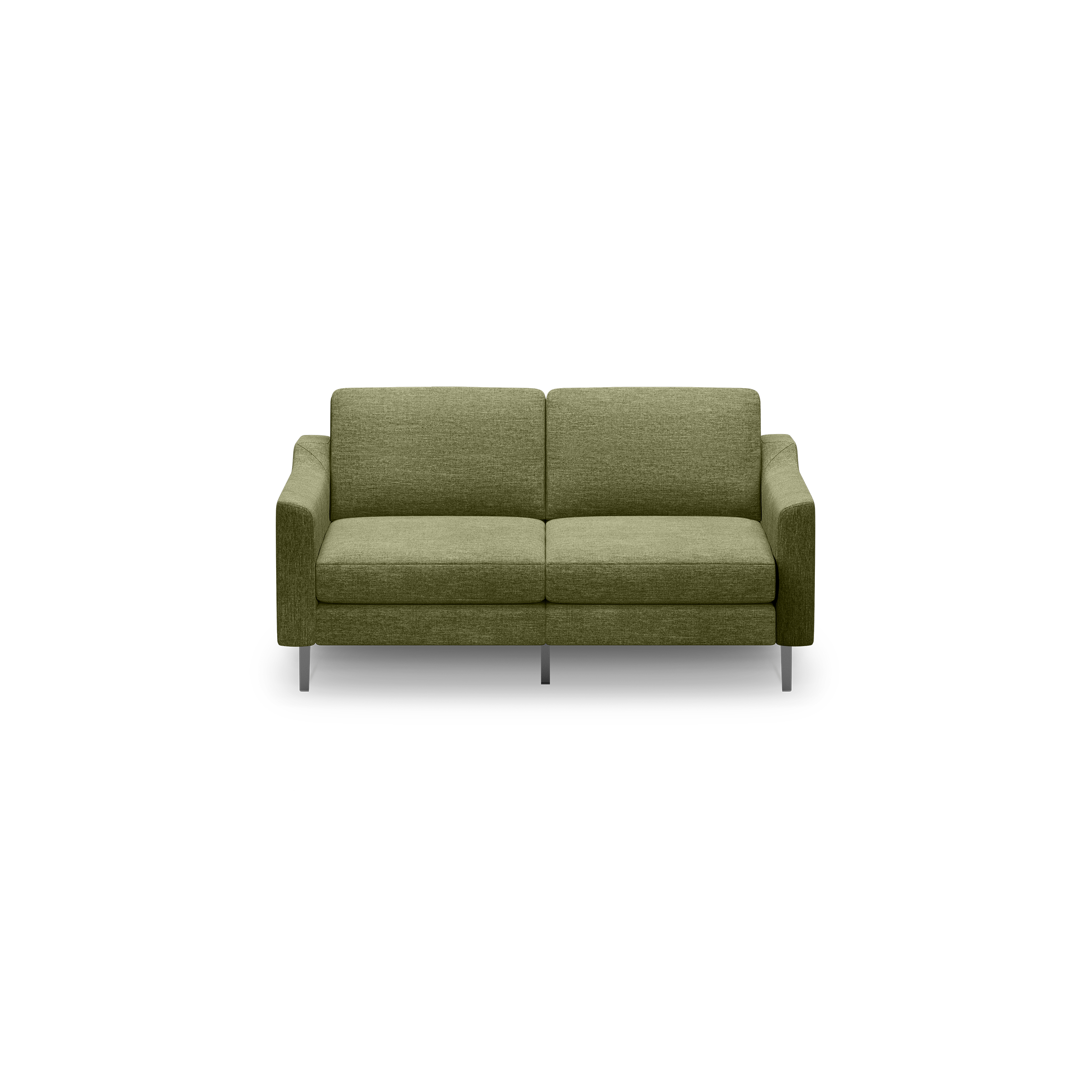 Two-seater olive green modern fabric sofa with straight armrests and slim metal legs against a black background.