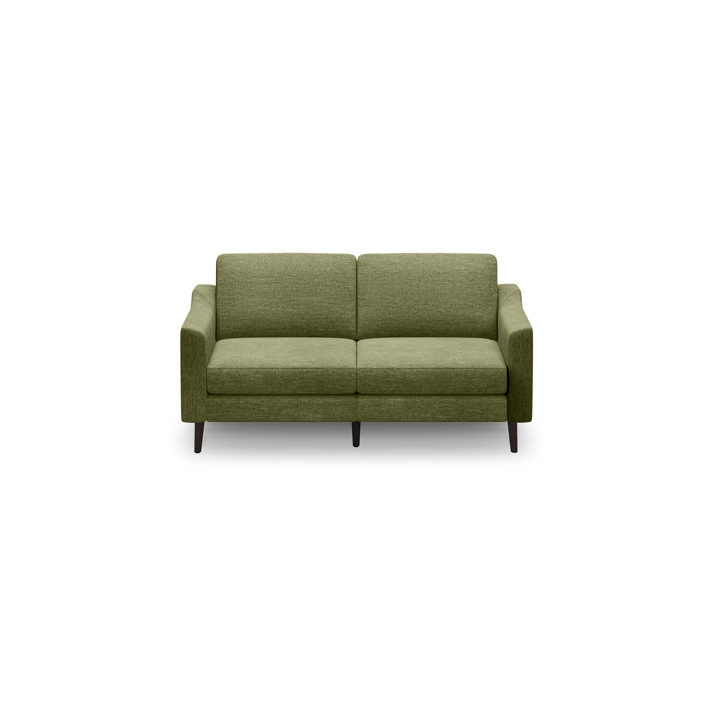 Green upholstered two-seat sofa with clean lines, cushioned back and seat, and dark wooden legs isolated on black background.