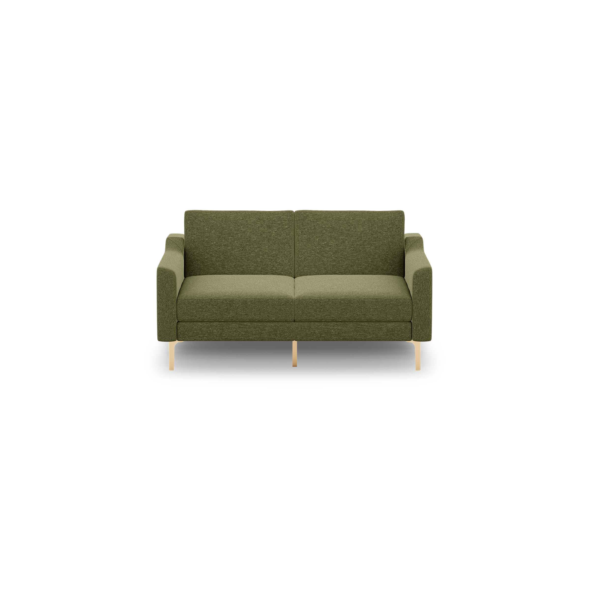 Olive green two-seater sofa with fabric upholstery, straight armrests, and slim metallic legs, shown against a black background.