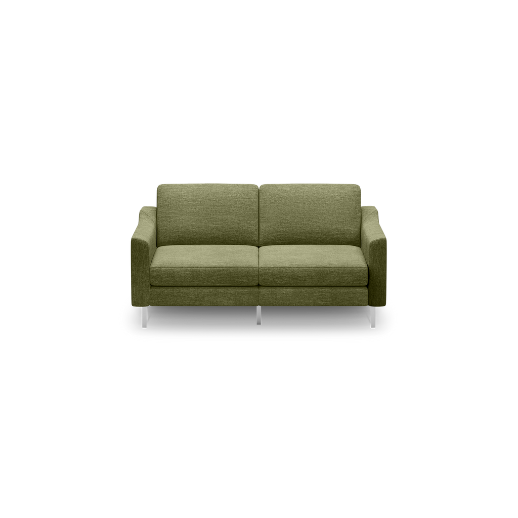 Modern olive green fabric two-seater sofa with clean lines, straight arms, and slim silver metal legs on a black background.