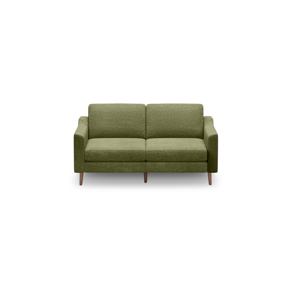 Modern olive green two-seater sofa with clean lines, slim armrests, and wooden legs on a black background.