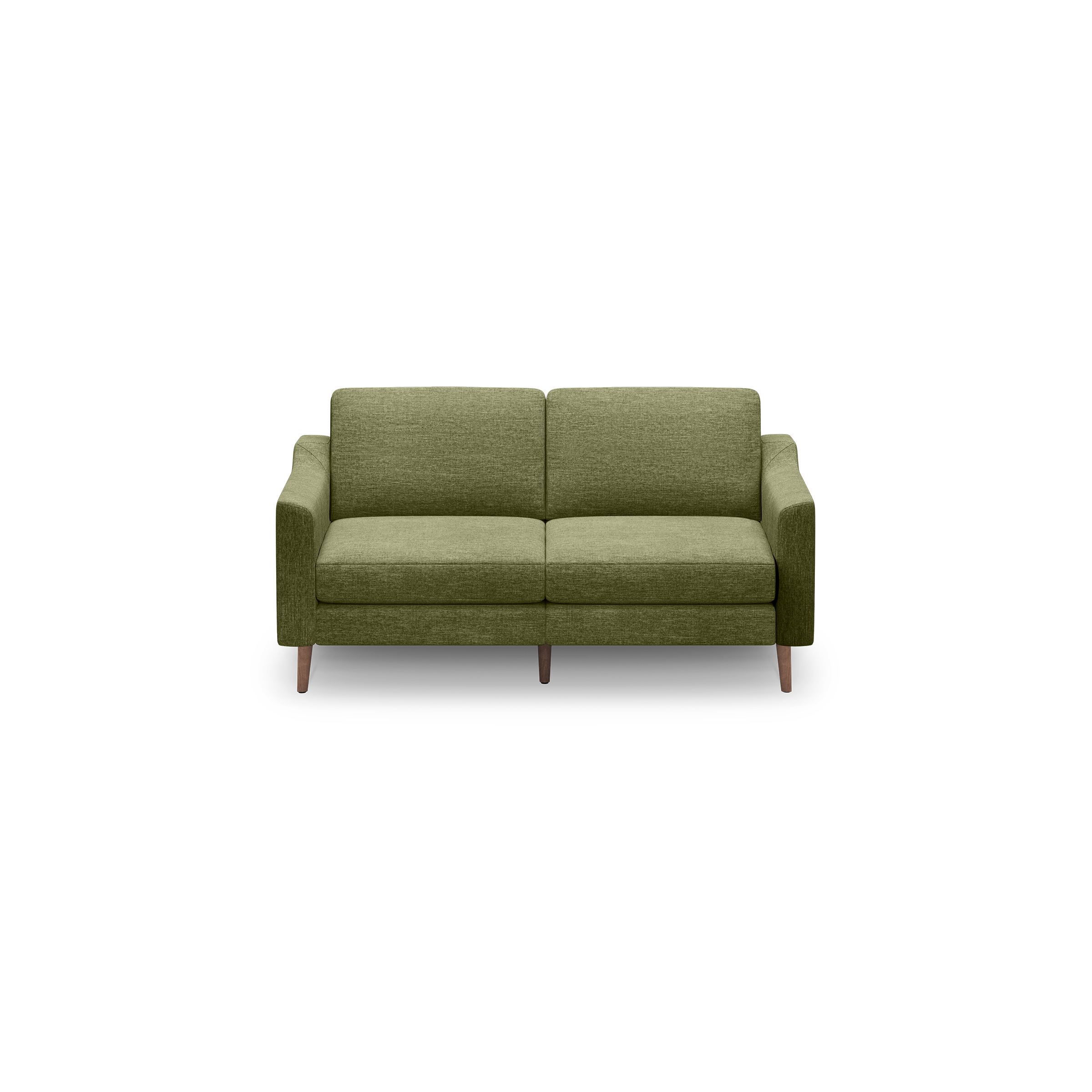 Modern olive green two-seater sofa with clean lines, slim armrests, and wooden legs on a black background.