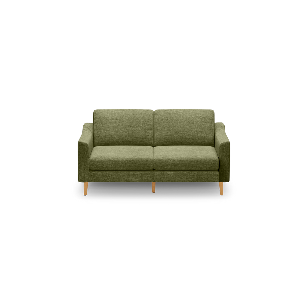 Two-seater sofa with olive green fabric upholstery and light wooden legs, featuring clean lines and padded cushions.