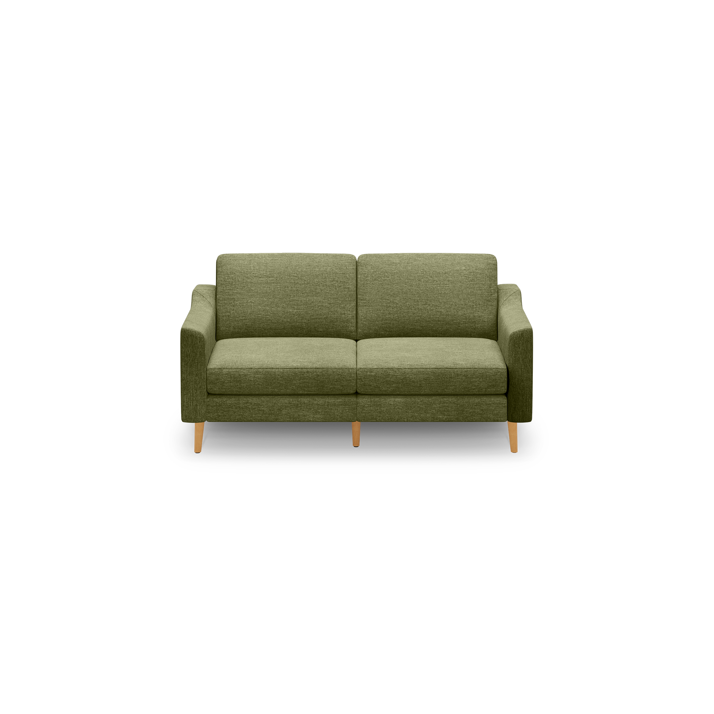Two-seater sofa with olive green fabric upholstery and light wooden legs, featuring clean lines and padded cushions.