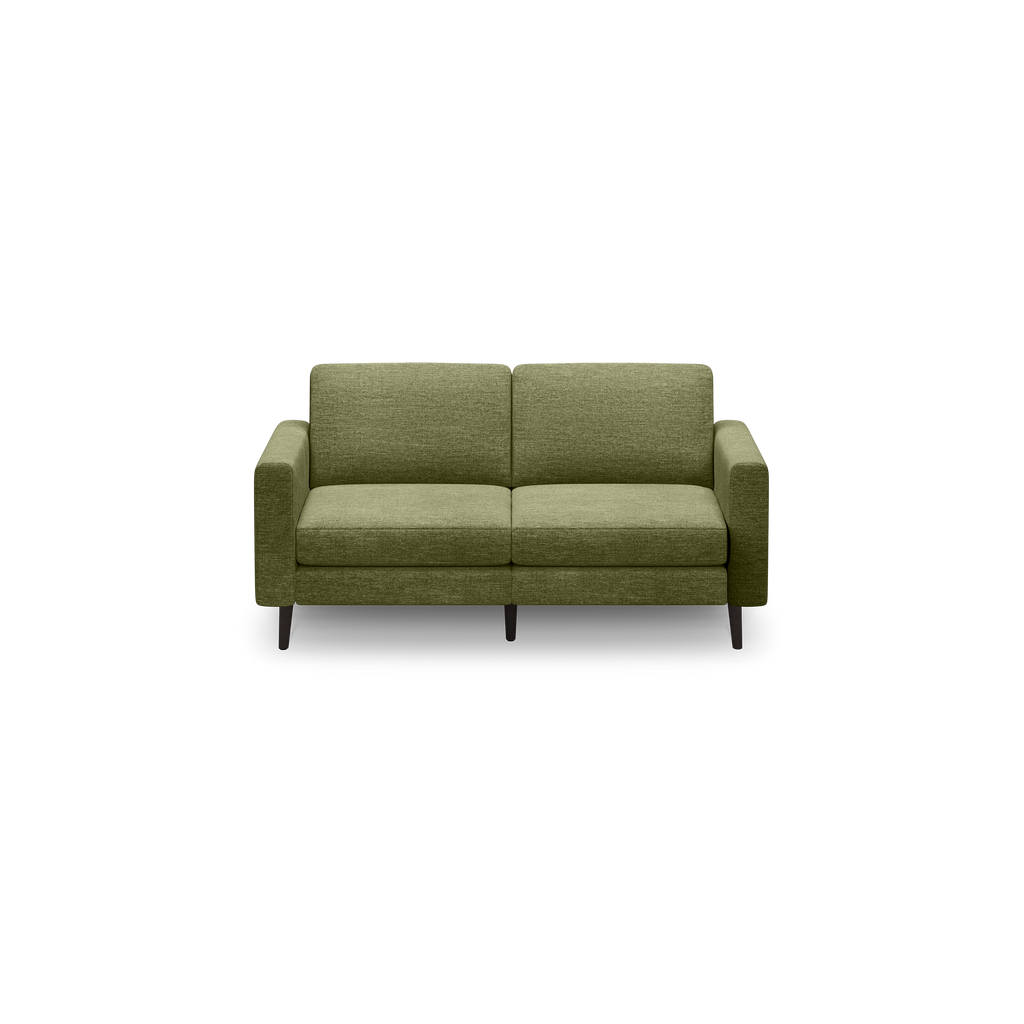 Modern olive green two-seater sofa with straight armrests and dark wooden legs, shown on black background.