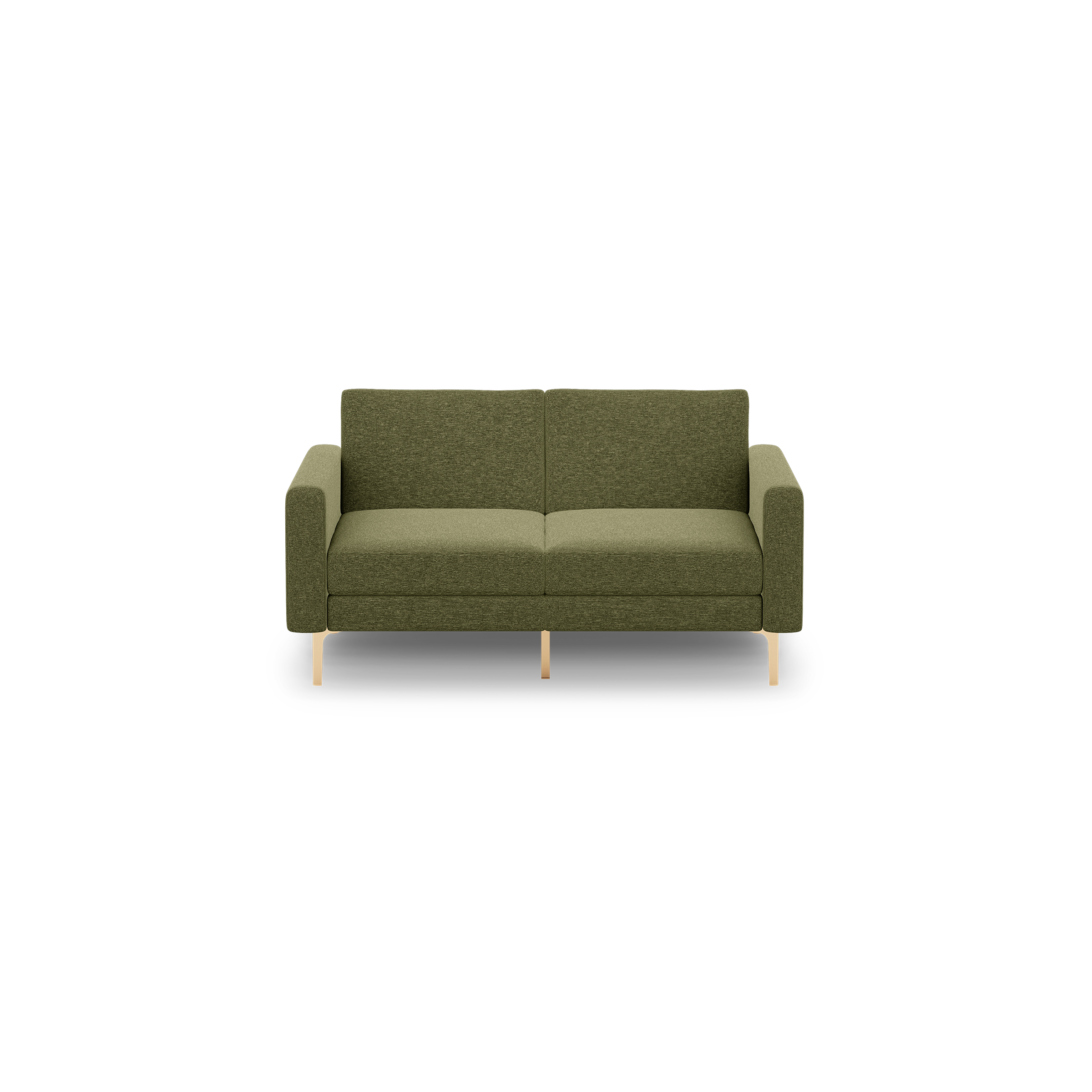 Two-seater sofa with olive green fabric upholstery and slim light wooden legs, featuring straight armrests and cushioned seats.