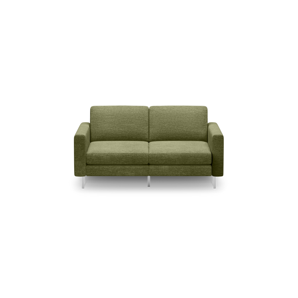 Green two-seater sofa with fabric upholstery, straight arms, cushioned back and seat, supported by four metal legs.