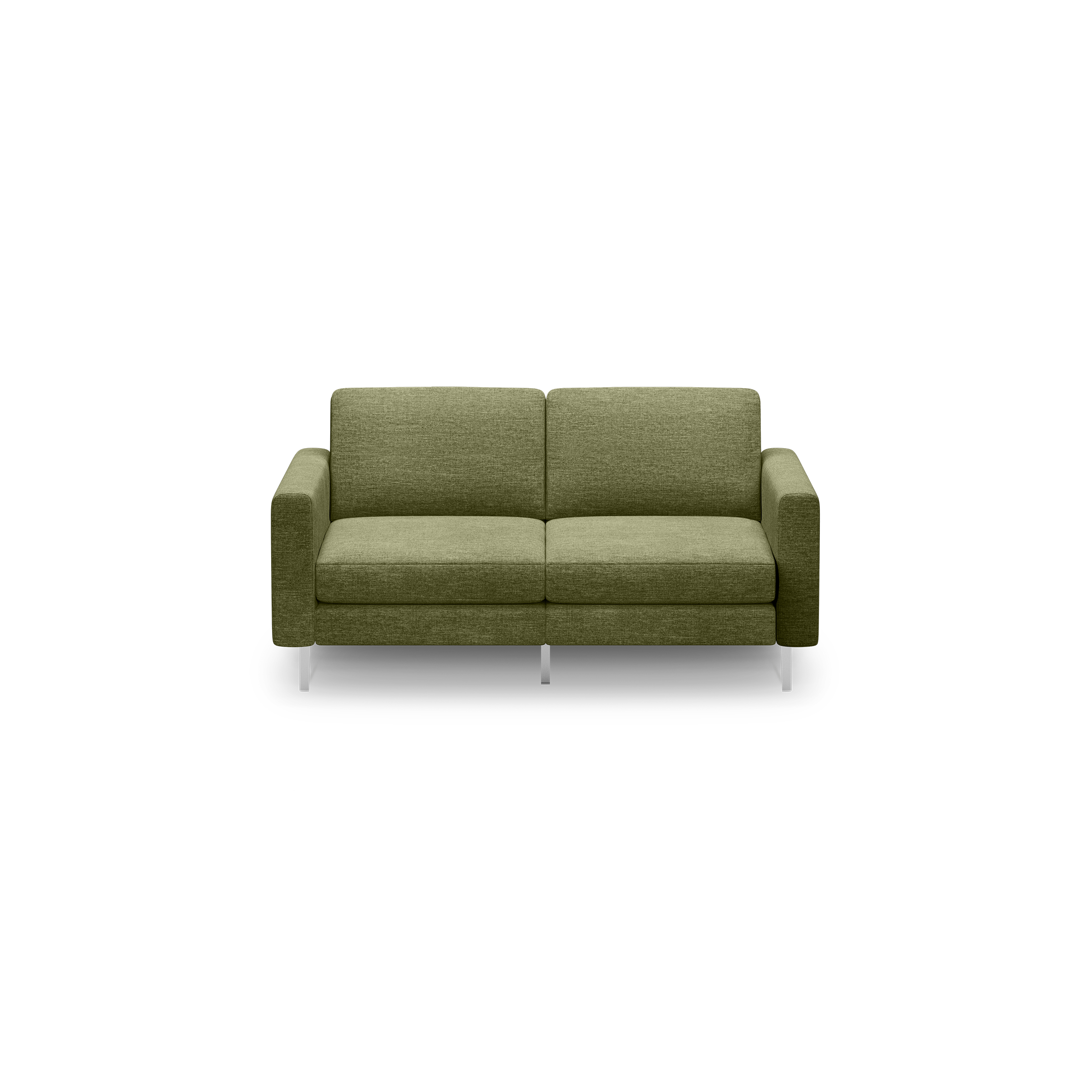 Green two-seater sofa with fabric upholstery, straight arms, cushioned back and seat, supported by four metal legs.