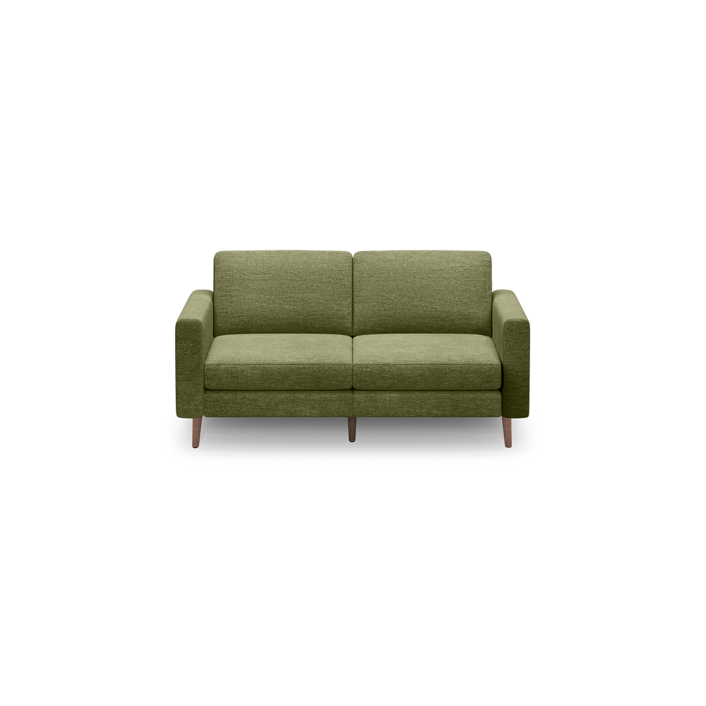 Olive green modern two-seater sofa with straight arms and wooden legs, set against a black background.