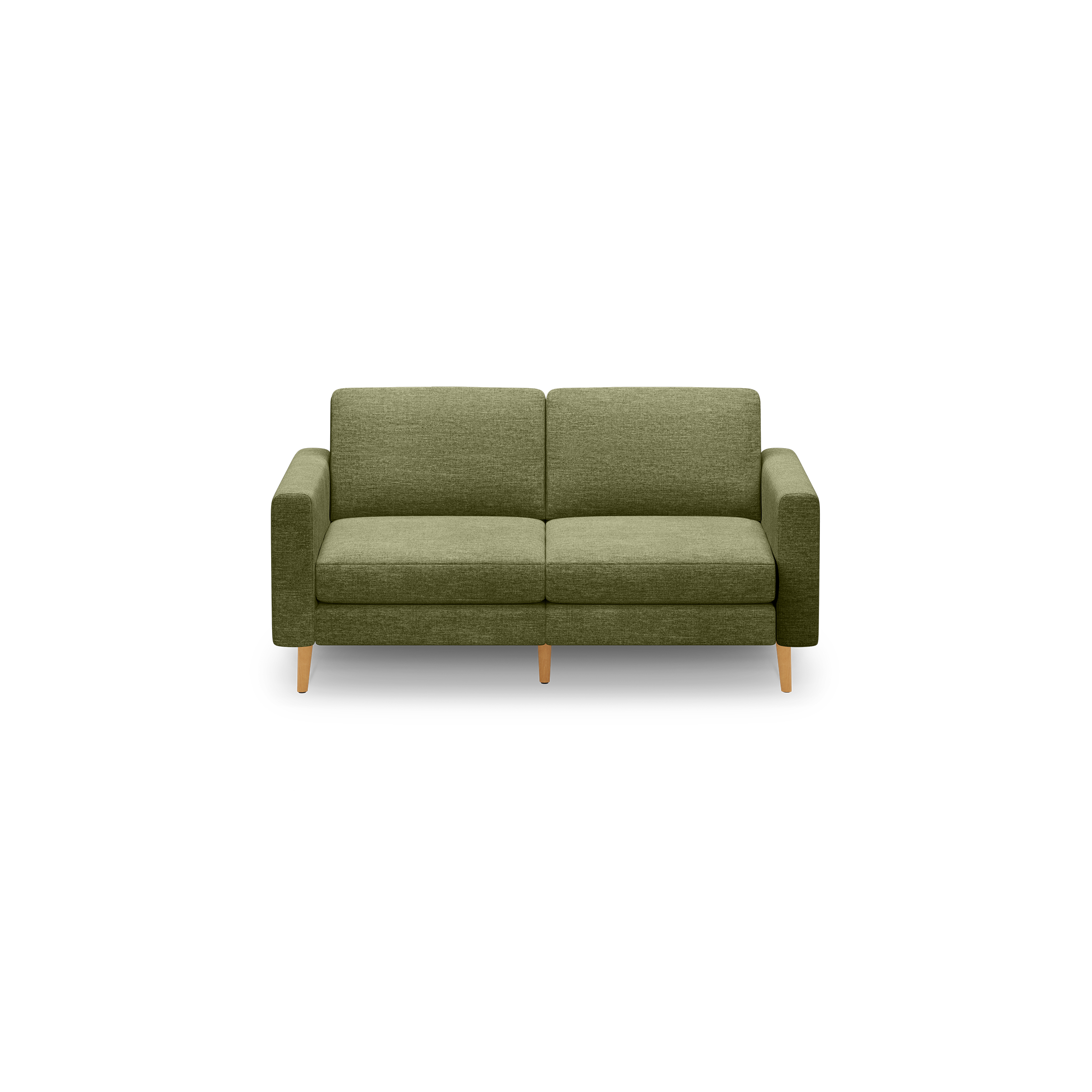 Green two-seater sofa with rectangular cushions, straight armrests, and light wood tapered legs on black background.