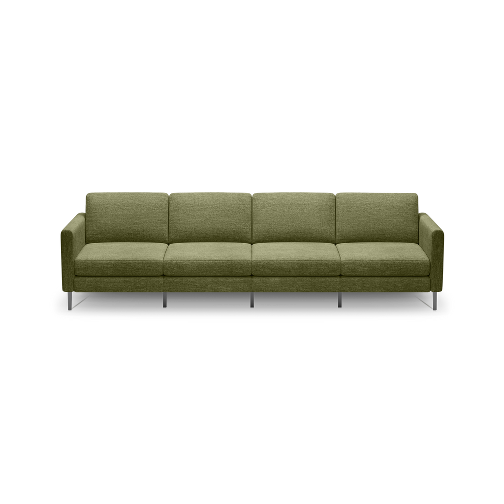 Modern olive green fabric sofa with four seats, straight armrests, cushioned back and seat, supported by metal legs.