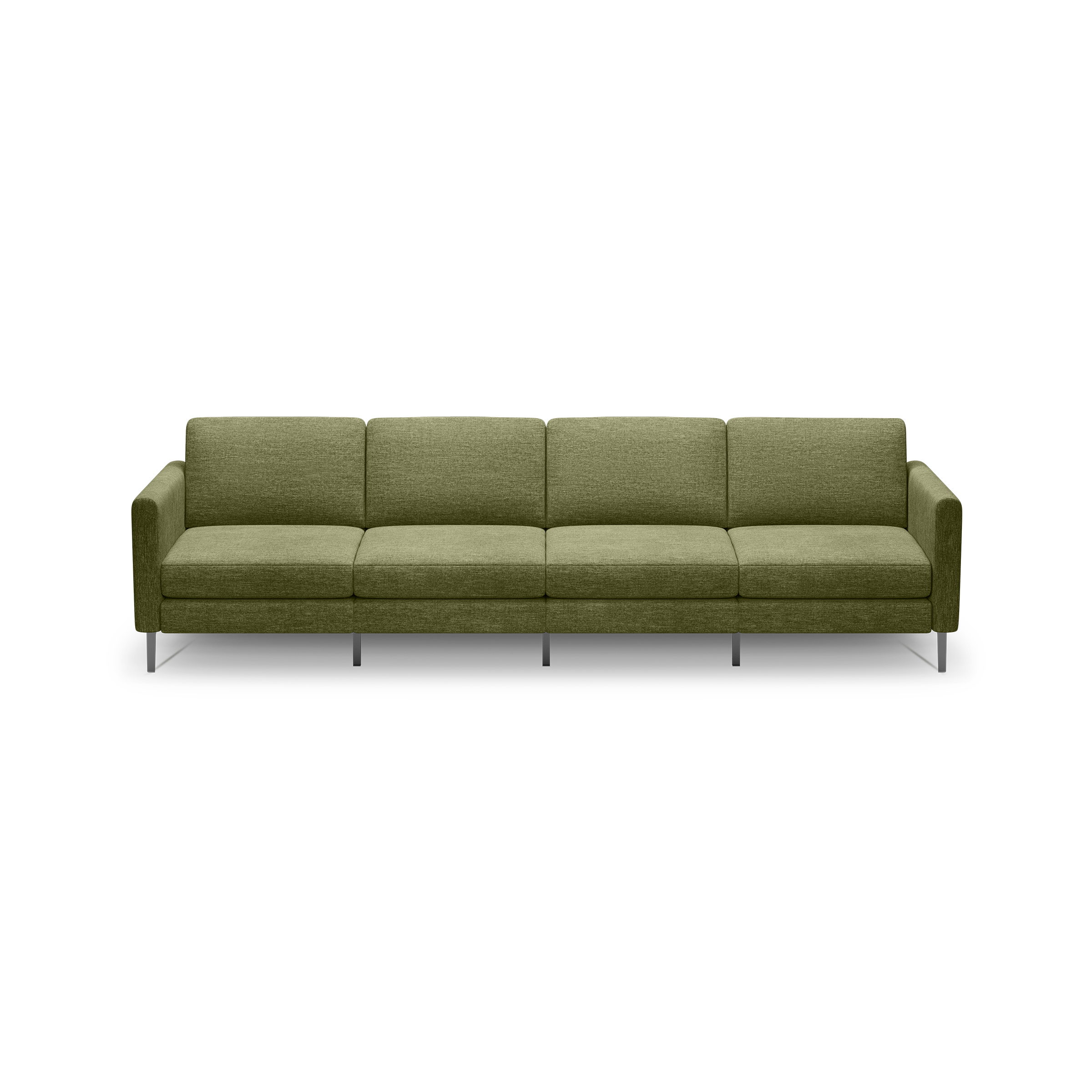 Modern olive green fabric sofa with four seats, straight armrests, cushioned back and seat, supported by metal legs.