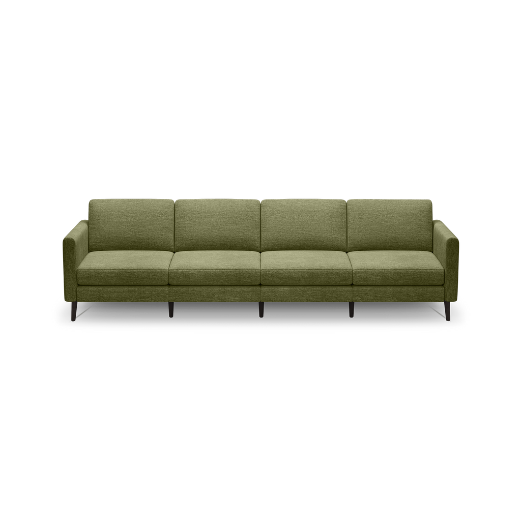 Modern olive green fabric sofa with four seat cushions, straight arms, and dark wooden legs on black background.