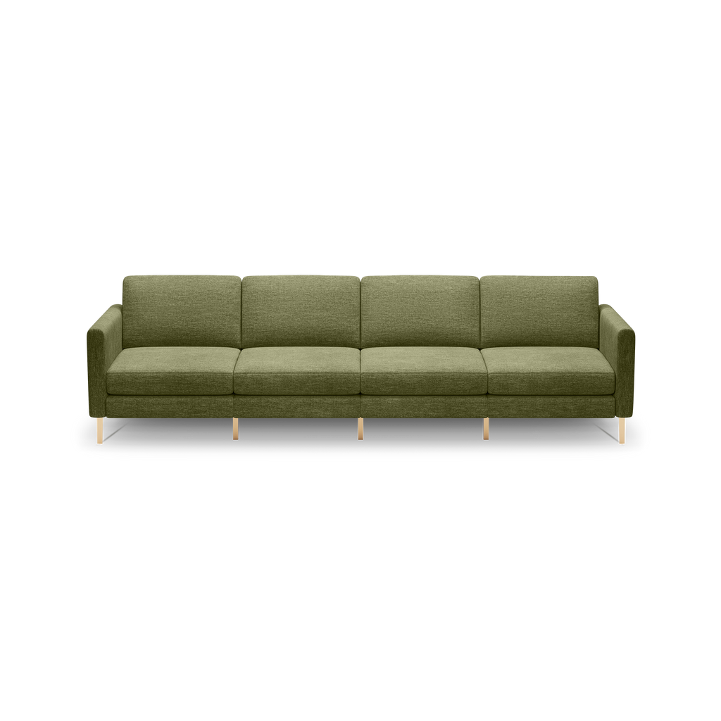 Four-seater modern sofa with olive green fabric upholstery and slim wooden legs, featuring clean lines and square armrests.