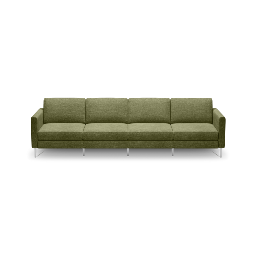Four-seater rectangular olive green fabric sofa with sleek metal legs and straight armrests, set against a black background.