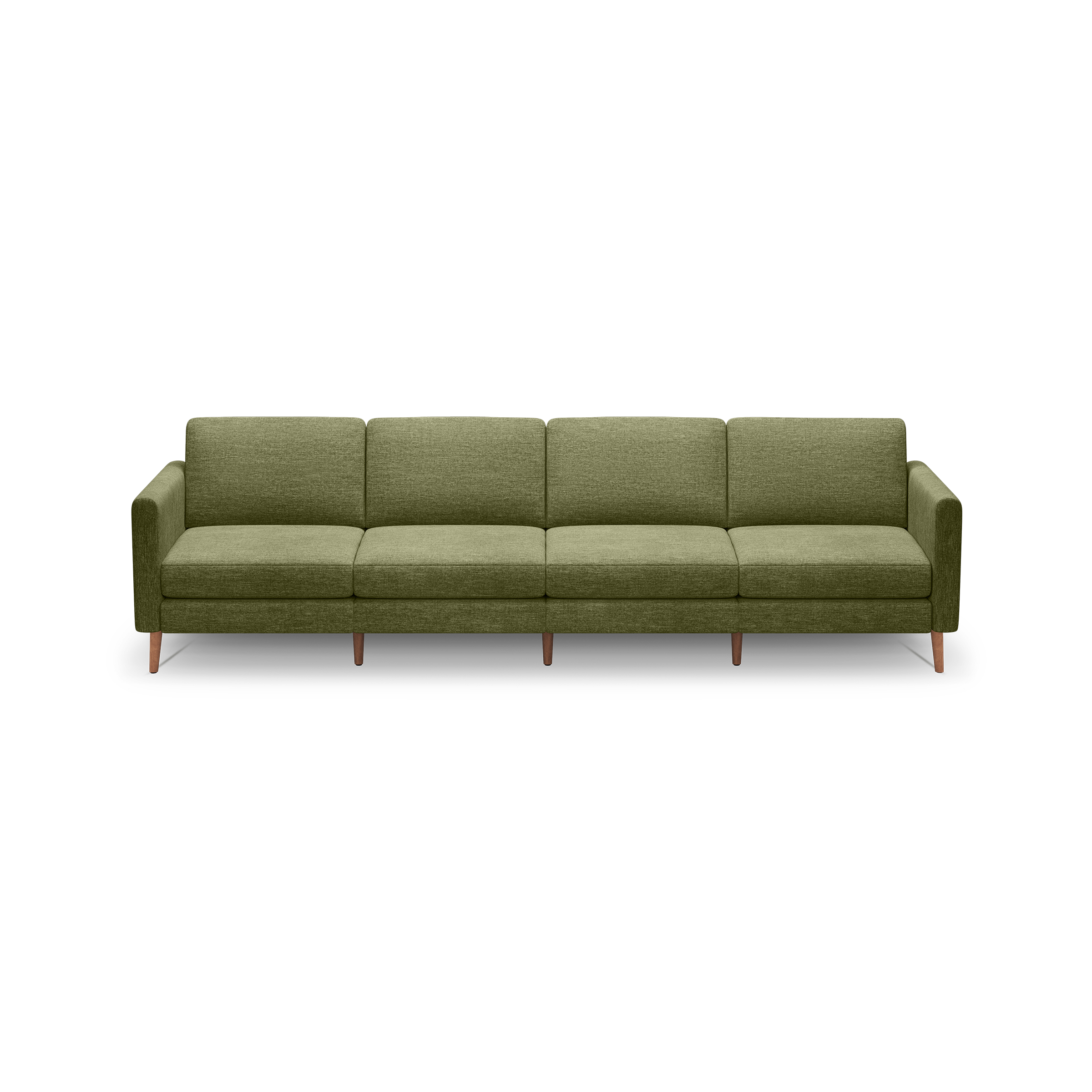 Modern olive green fabric four-seater sofa with wooden legs and boxy armrests, displayed on a black background.