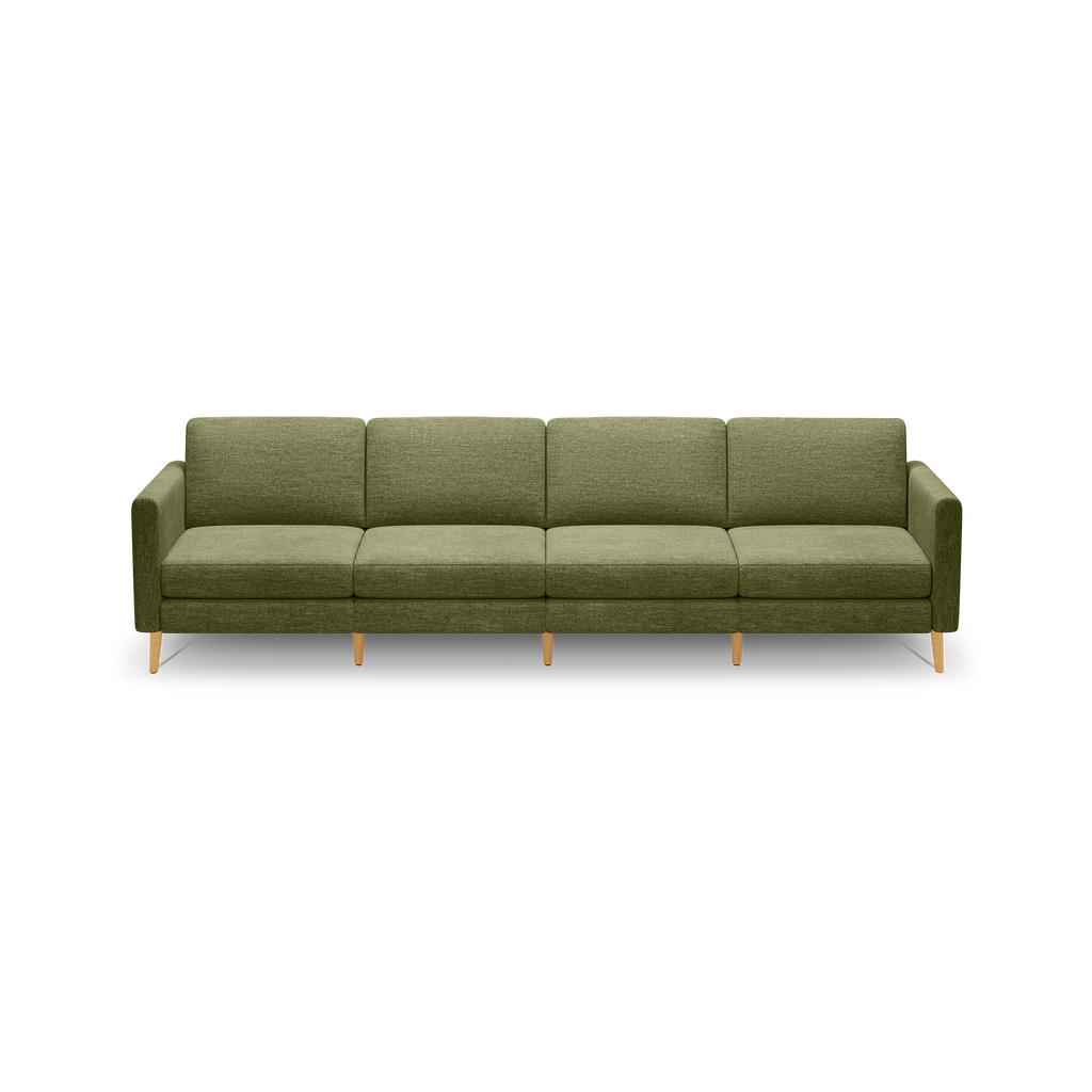 Four-seater olive green fabric sofa with clean lines, cushioned seats, straight arms, and light wooden legs against a black background.
