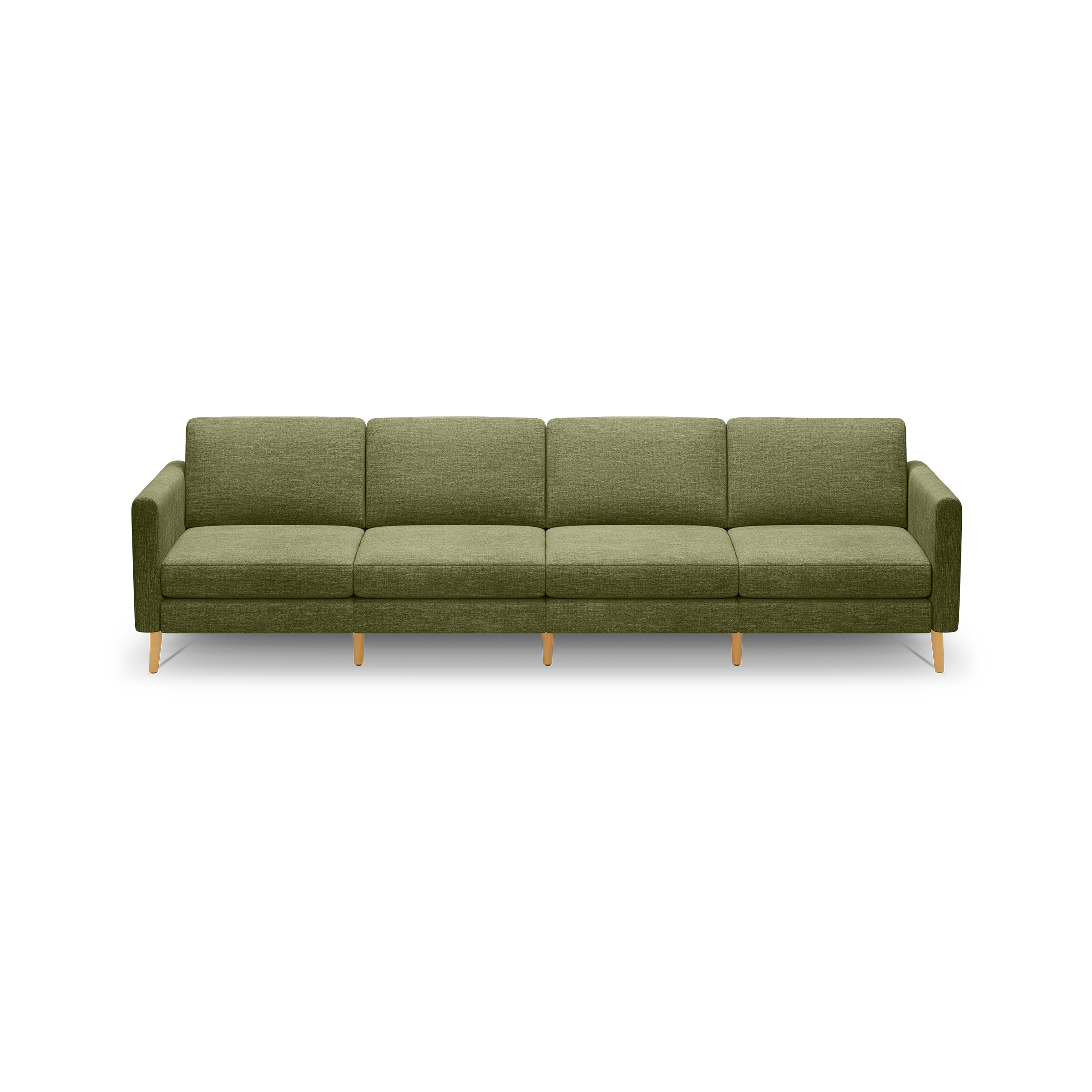 Four-seater olive green fabric sofa with clean lines, cushioned seats, straight arms, and light wooden legs against a black background.