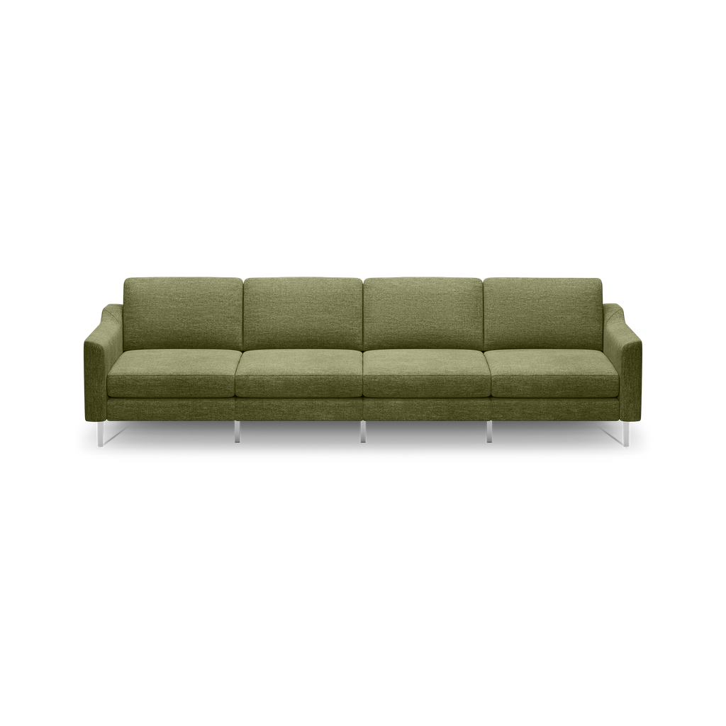 Modern olive green fabric sofa with four cushioned seats, slim armrests, and metal legs on black background.