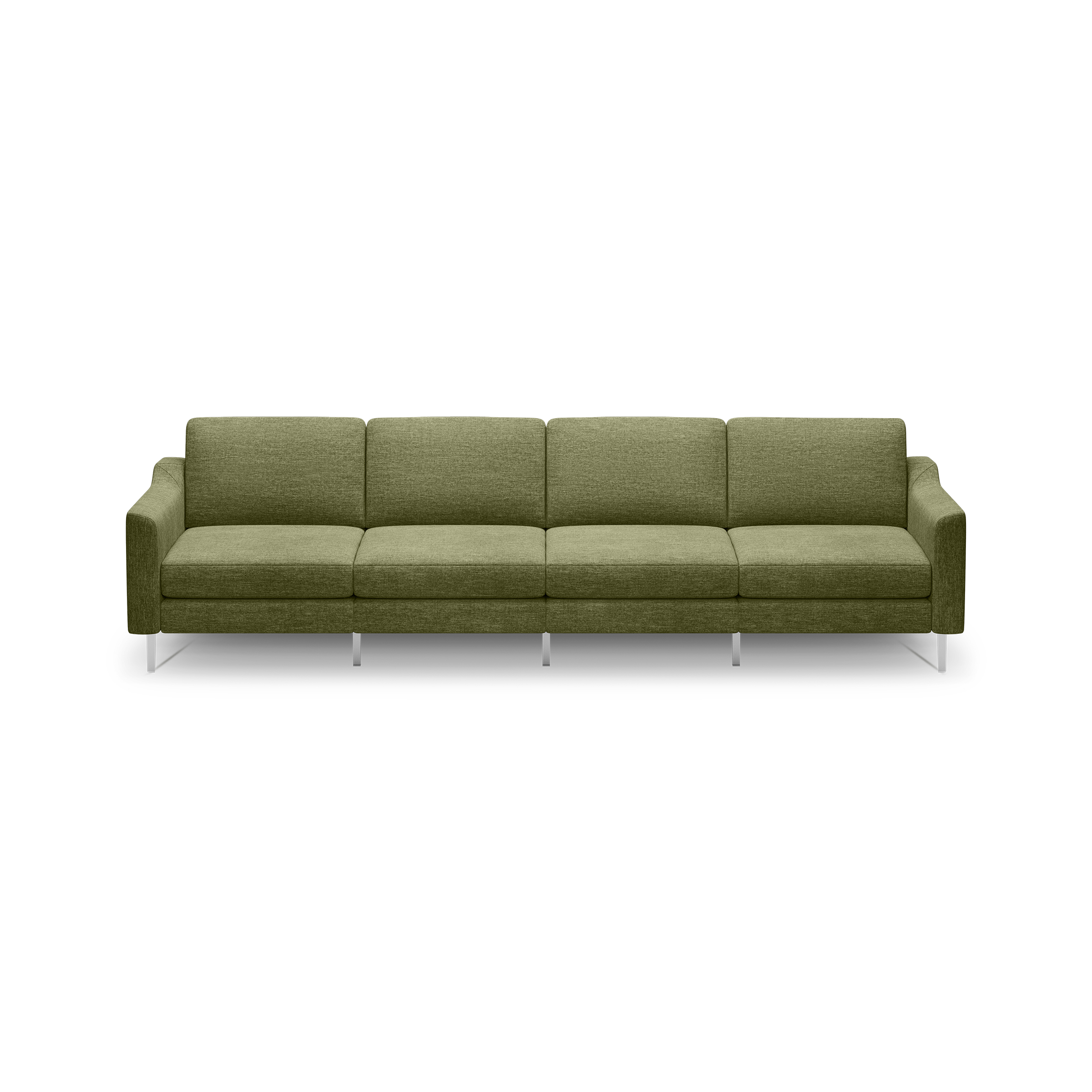 Modern olive green fabric sofa with four cushioned seats, slim armrests, and metal legs on black background.