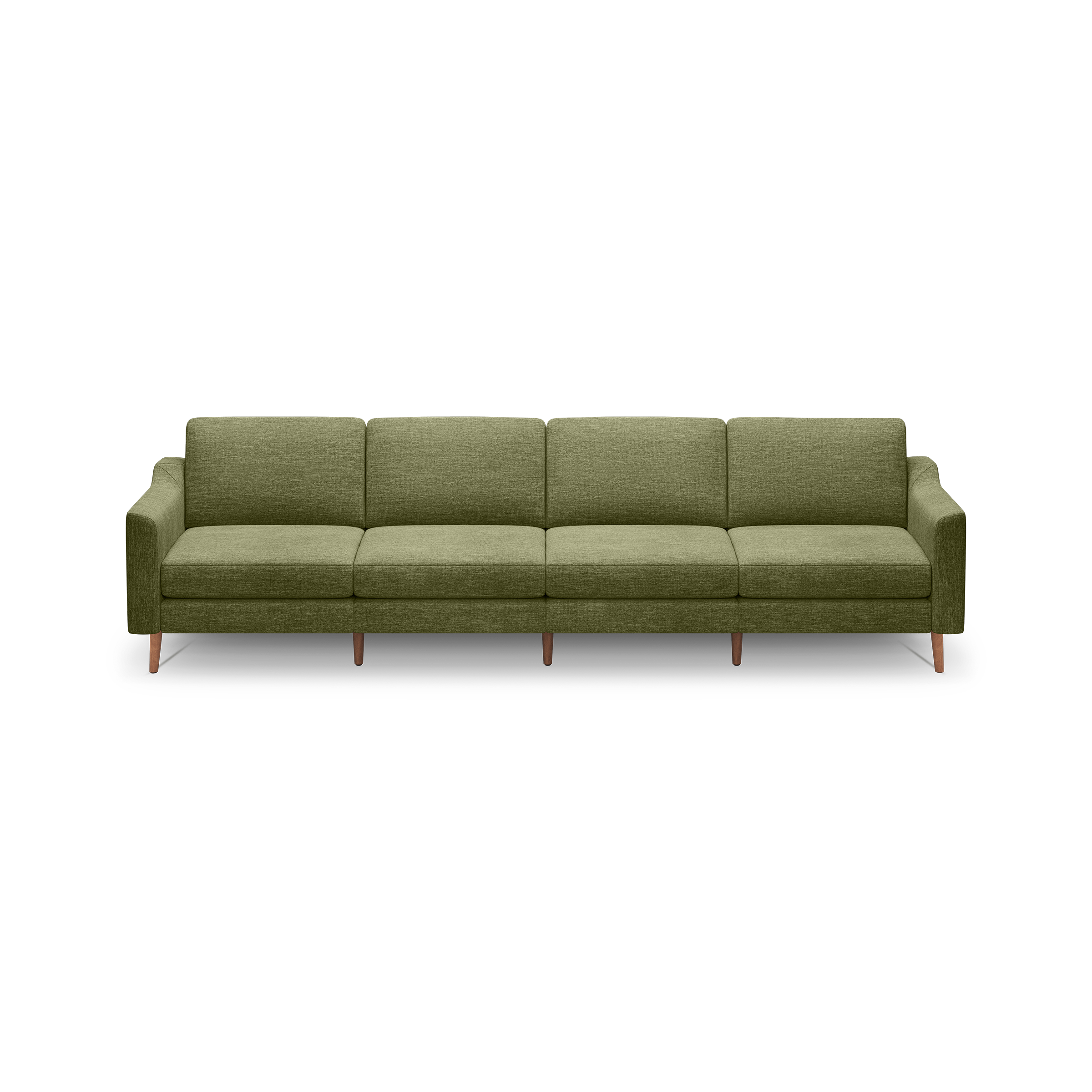 Modern olive green fabric sofa with four seats, square armrests, and wooden legs, set against a black background.