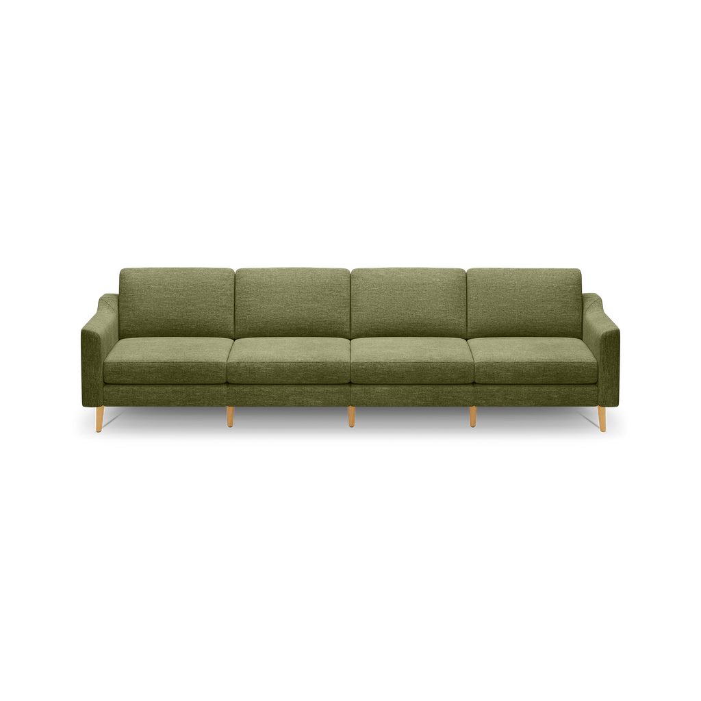 Four-seater olive green fabric sofa with wooden legs, featuring a minimalist and modern design with cushioned seats and armrests.