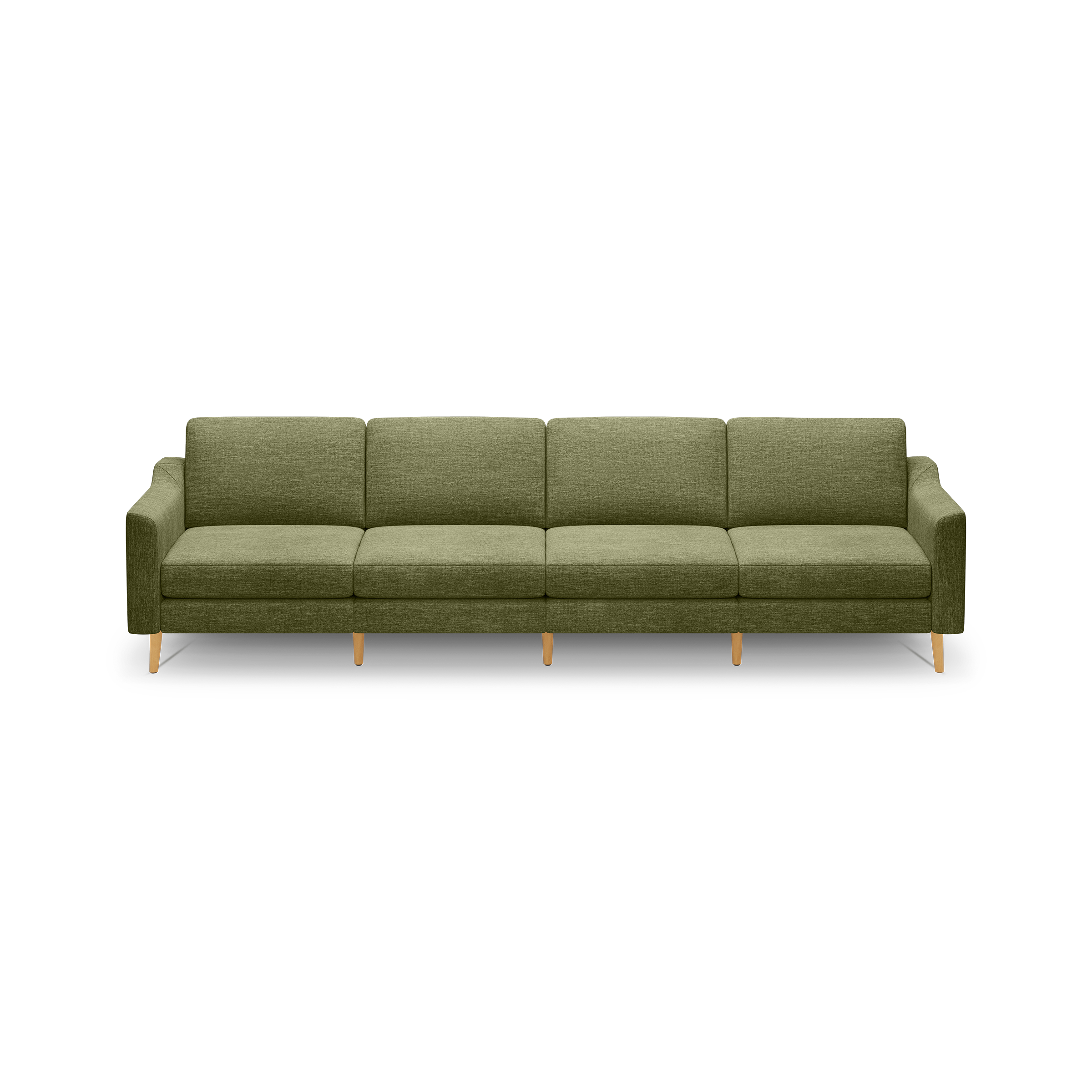 Four-seater olive green fabric sofa with wooden legs, featuring a minimalist and modern design with cushioned seats and armrests.