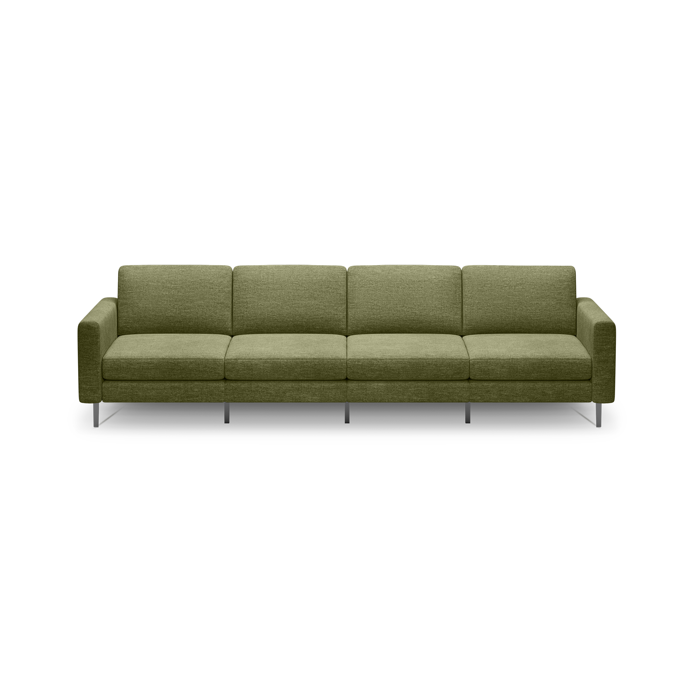 Modern olive green fabric sofa with four cushioned seats, square arms, and sleek metal legs, isolated on black background.