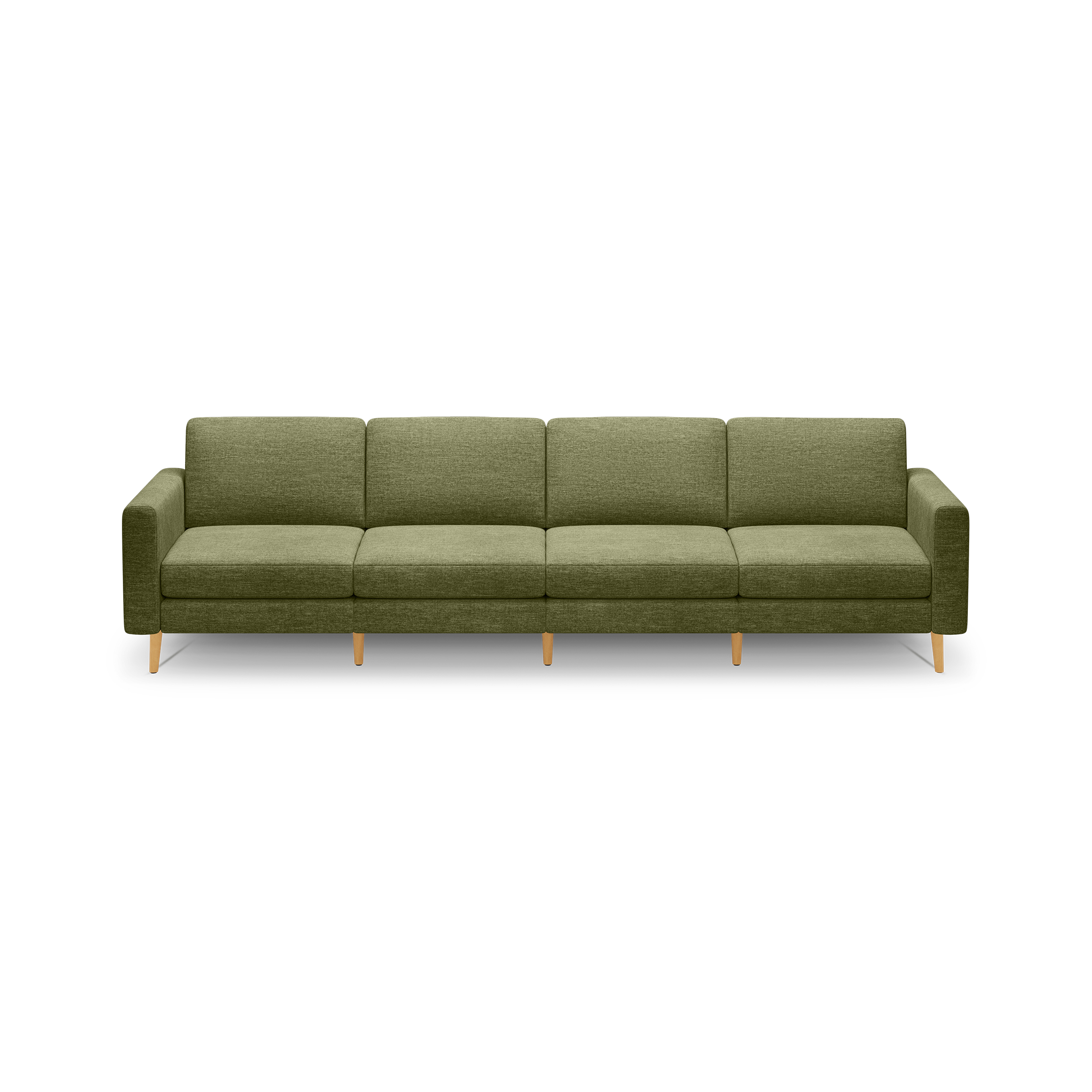 Four-seater modern olive green fabric sofa with wooden legs, straight armrests, and cushioned seats and backrests.