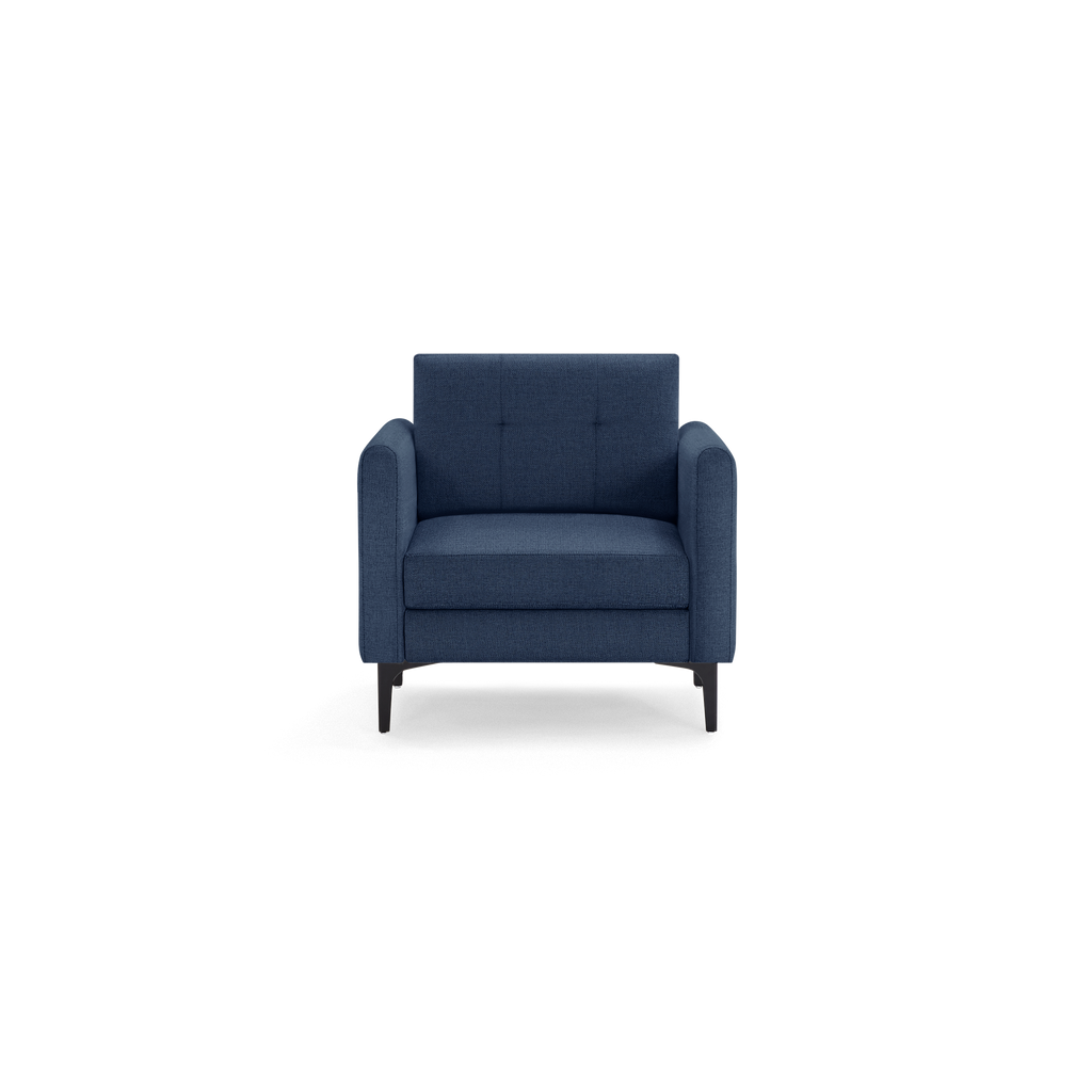 Front view of a modern, single-seater armchair upholstered in dark blue fabric with black tapered legs.