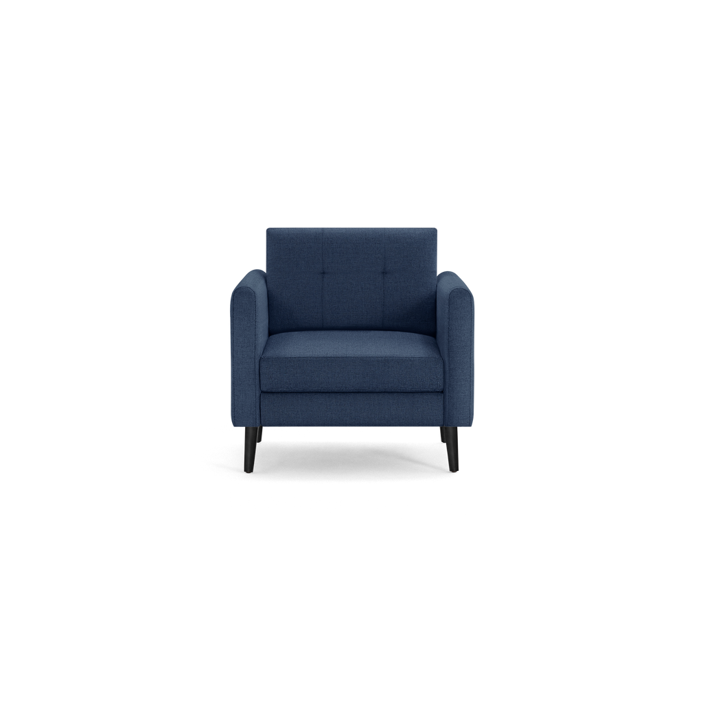 Front view of a modern navy blue fabric armchair with straight arms, tufted backrest, and black tapered legs.