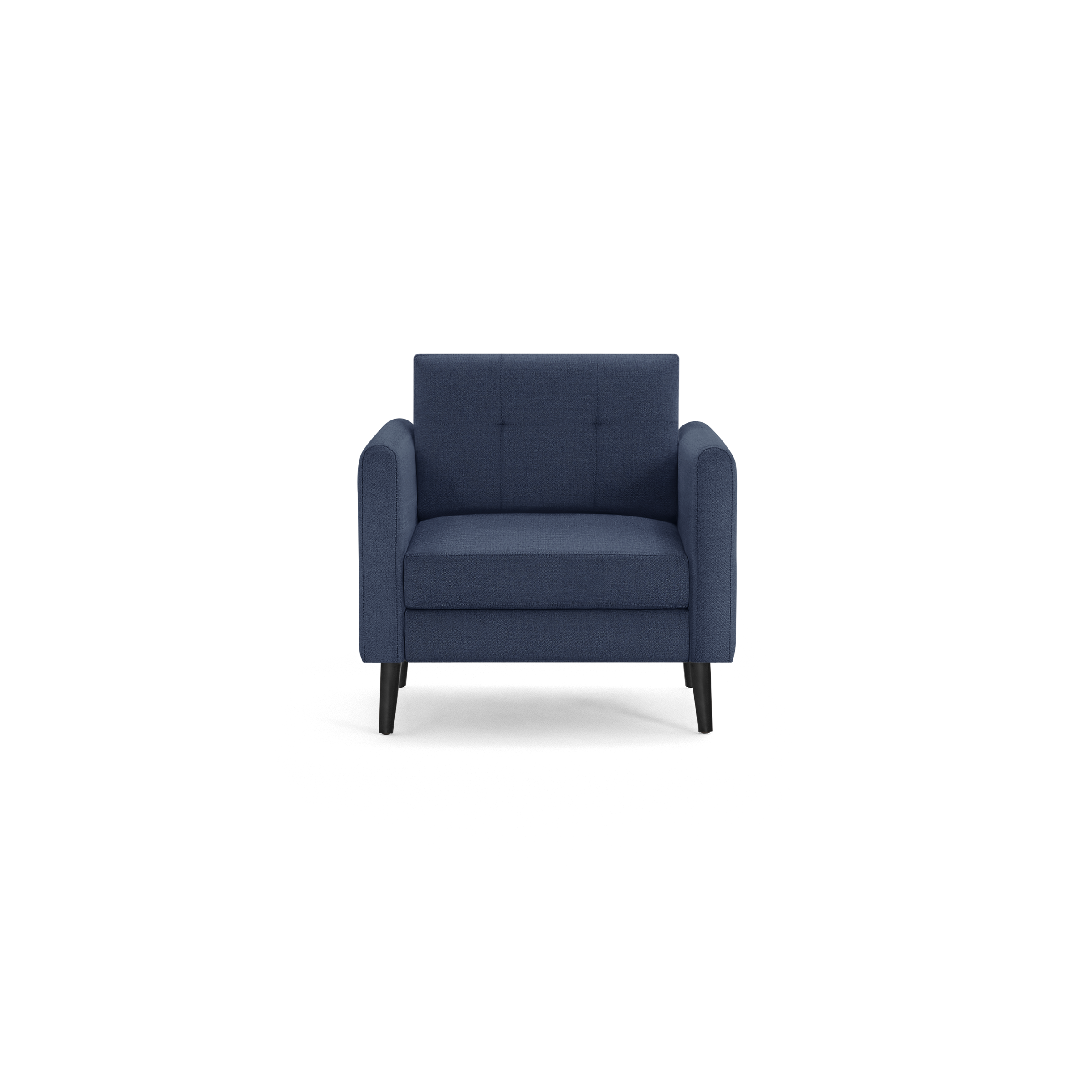 Front view of a modern navy blue fabric armchair with straight arms, tufted backrest, and black tapered legs.