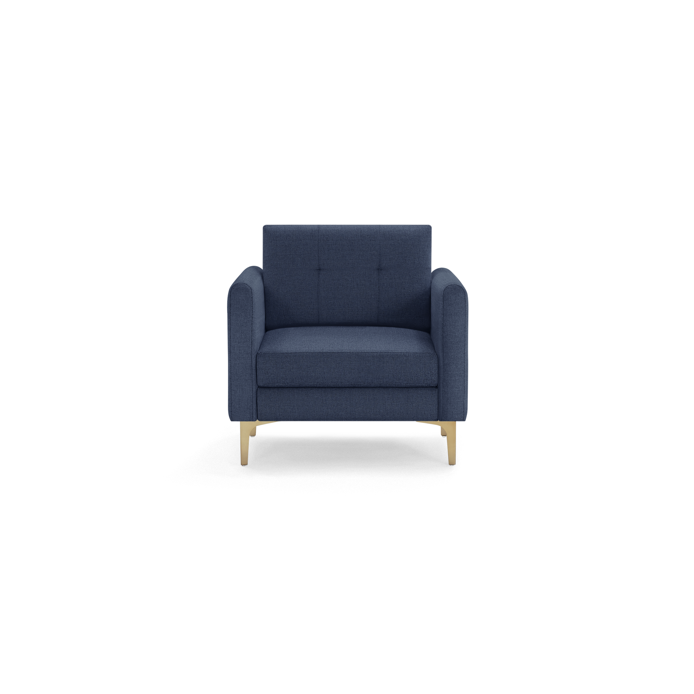 Front view of a modern navy blue upholstered armchair with tufted backrest and light wooden legs on a black background.