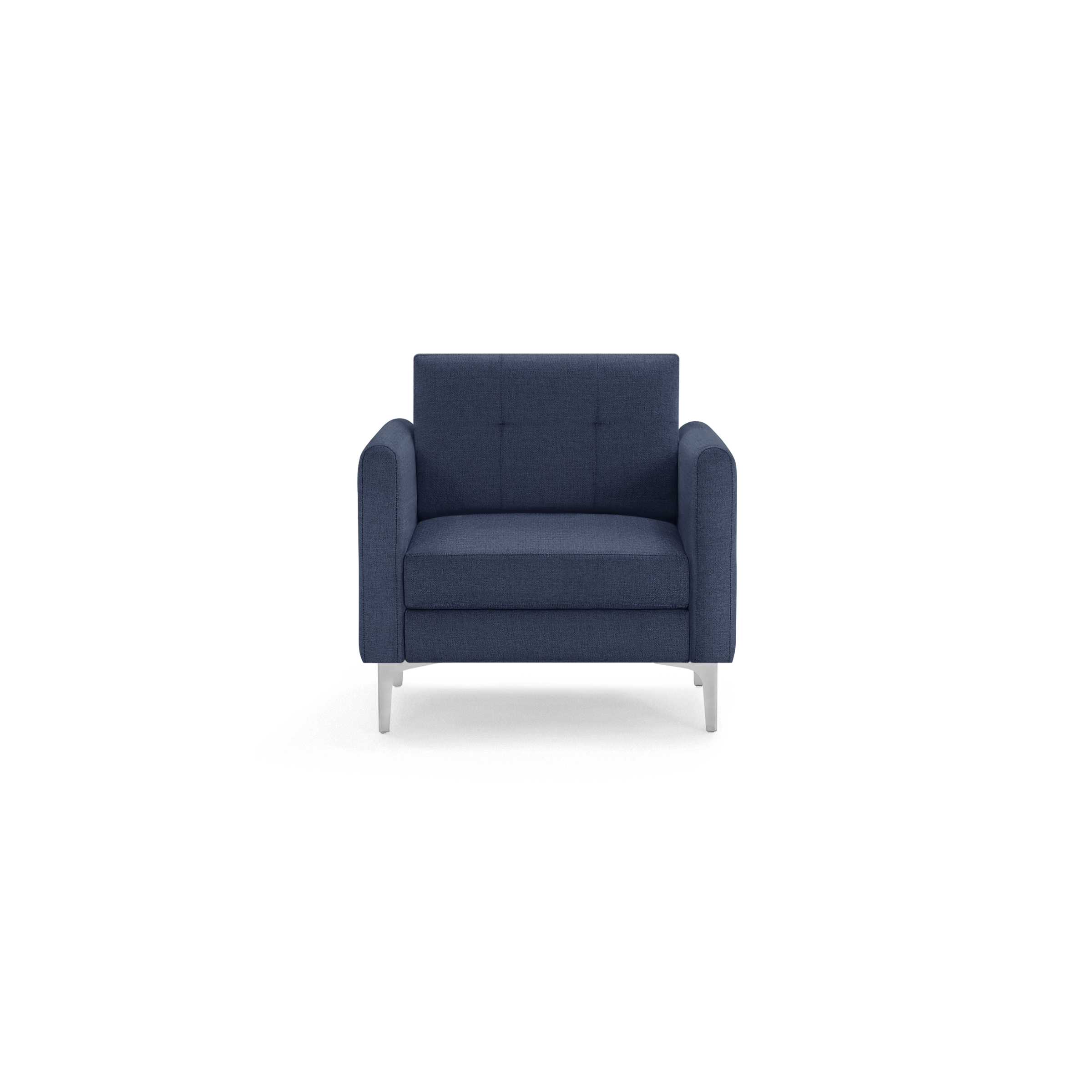 Modern deep blue fabric armchair with square tufted backrest, thick cushioned seat, and angled silver metal legs.