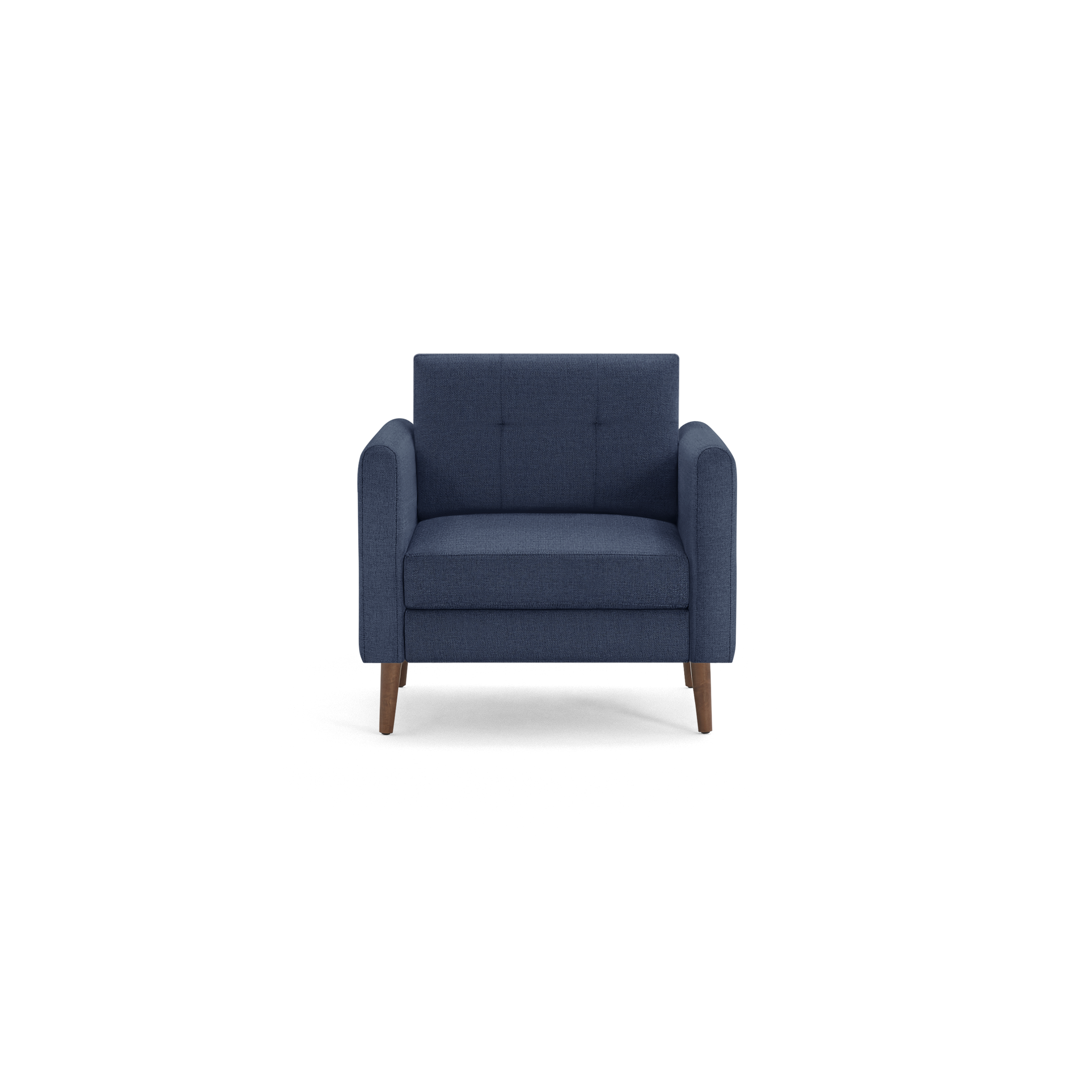 Dark blue upholstered armchair with wooden legs, cushioned seat, and tufted backrest in a modern design.