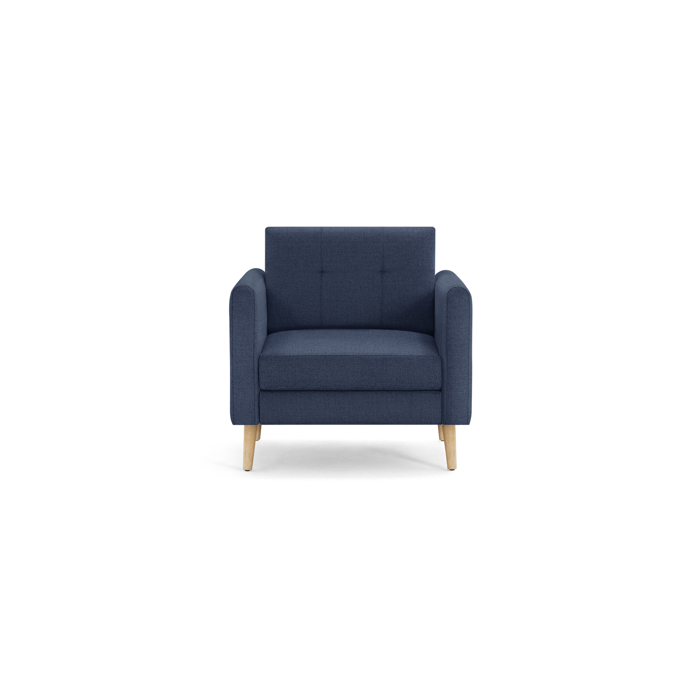 Front view of a modern navy blue upholstered armchair with wooden legs and cushioned seat and backrest.