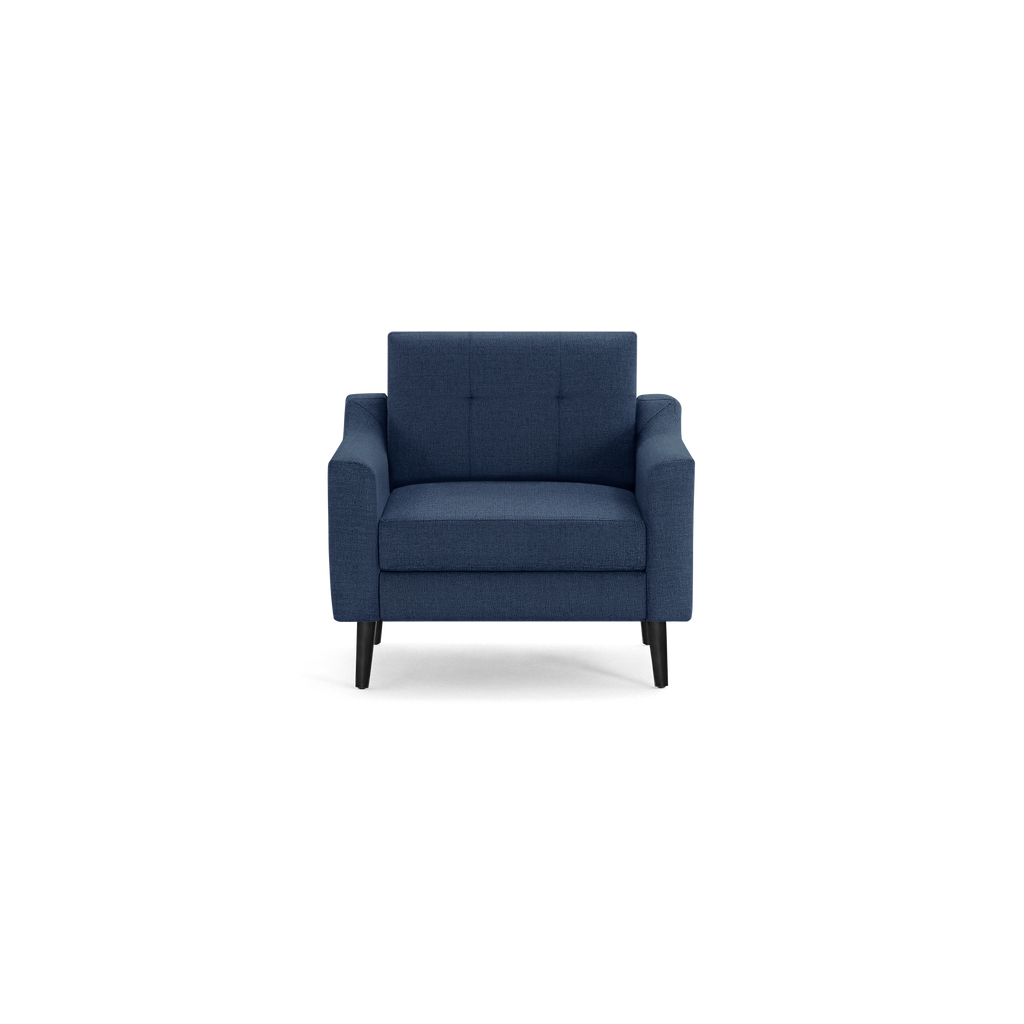 Single-seat armchair with dark blue fabric upholstery, cushioned seat and backrest, and black wooden legs.