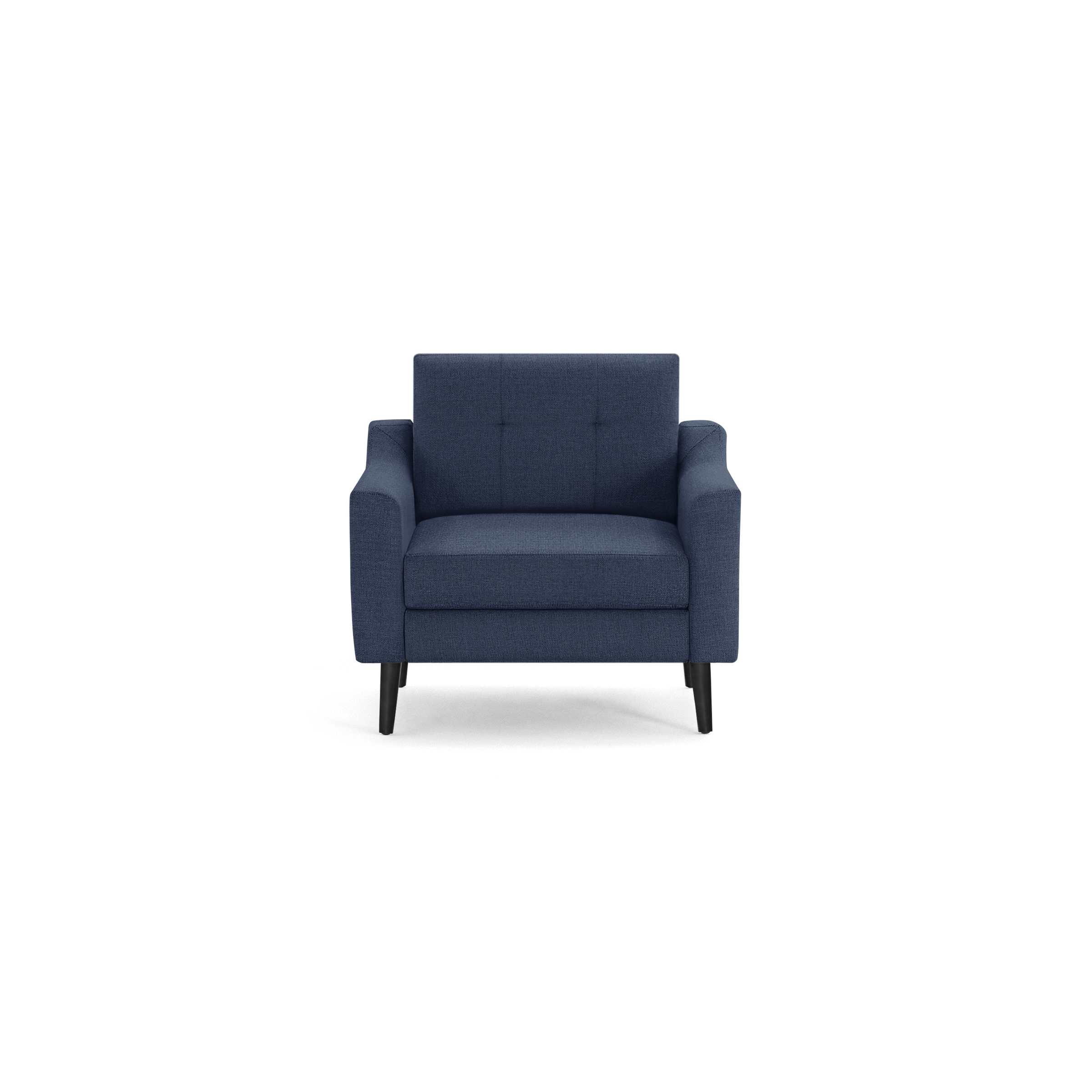 Single-seat armchair with dark blue fabric upholstery, cushioned seat and backrest, and black wooden legs.