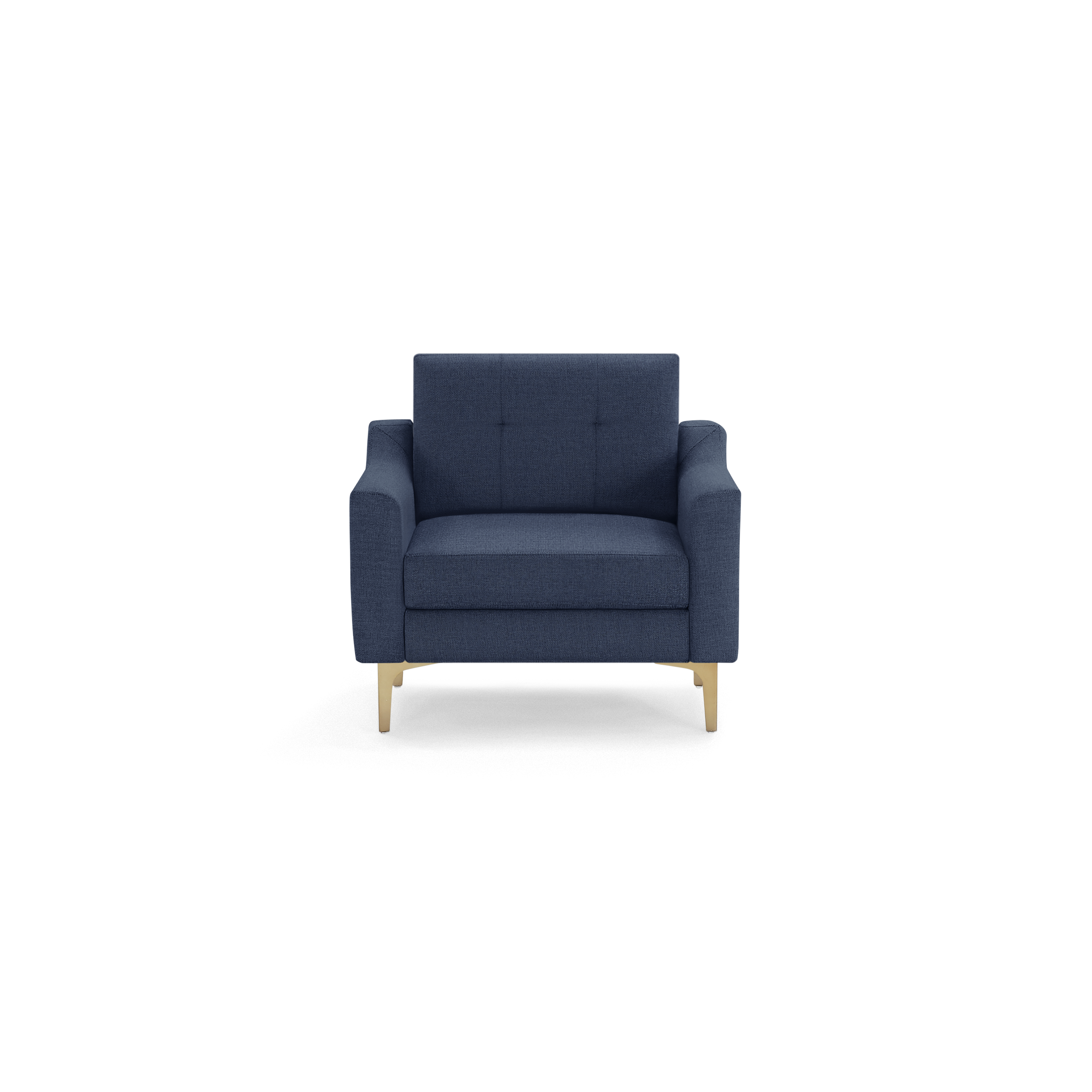 Modern navy blue upholstered armchair with button-tufted backrest and light wooden legs, shown against a plain background.