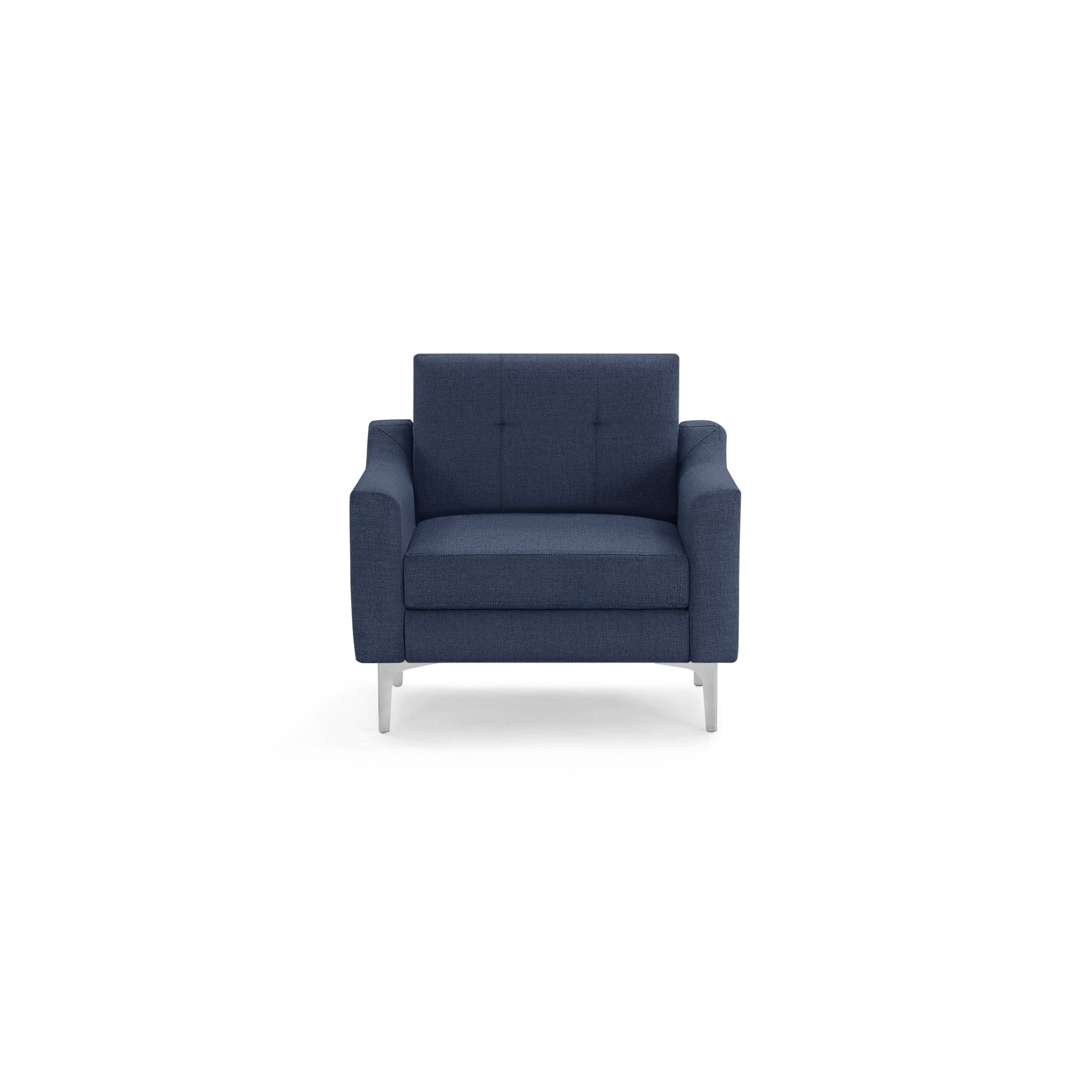 Modern navy blue upholstered armchair with tufted back, wide armrests, and silver metal legs, shown from the front.