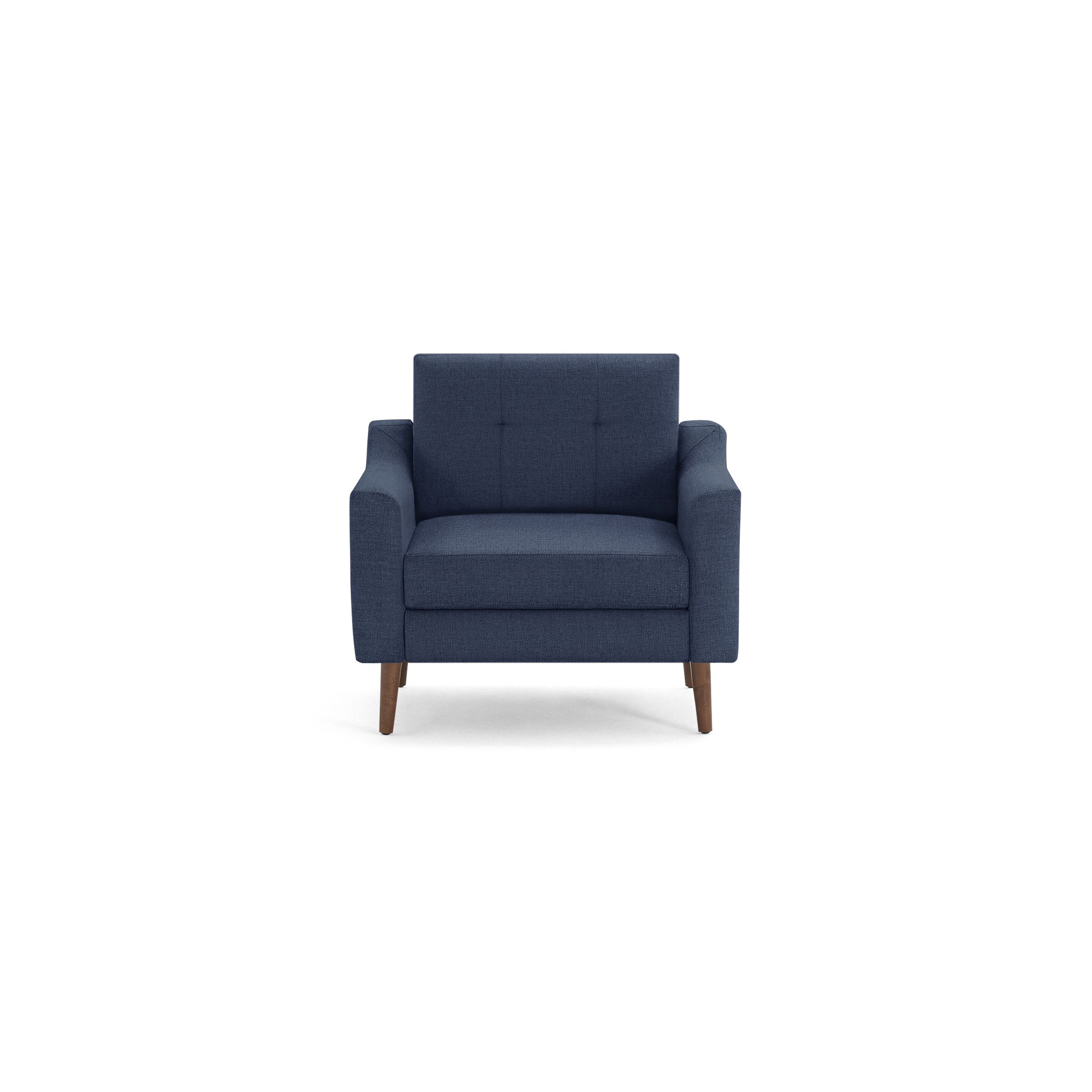 Mid-century modern navy blue fabric armchair with tufted backrest and wooden legs, shown from the front on a white background.