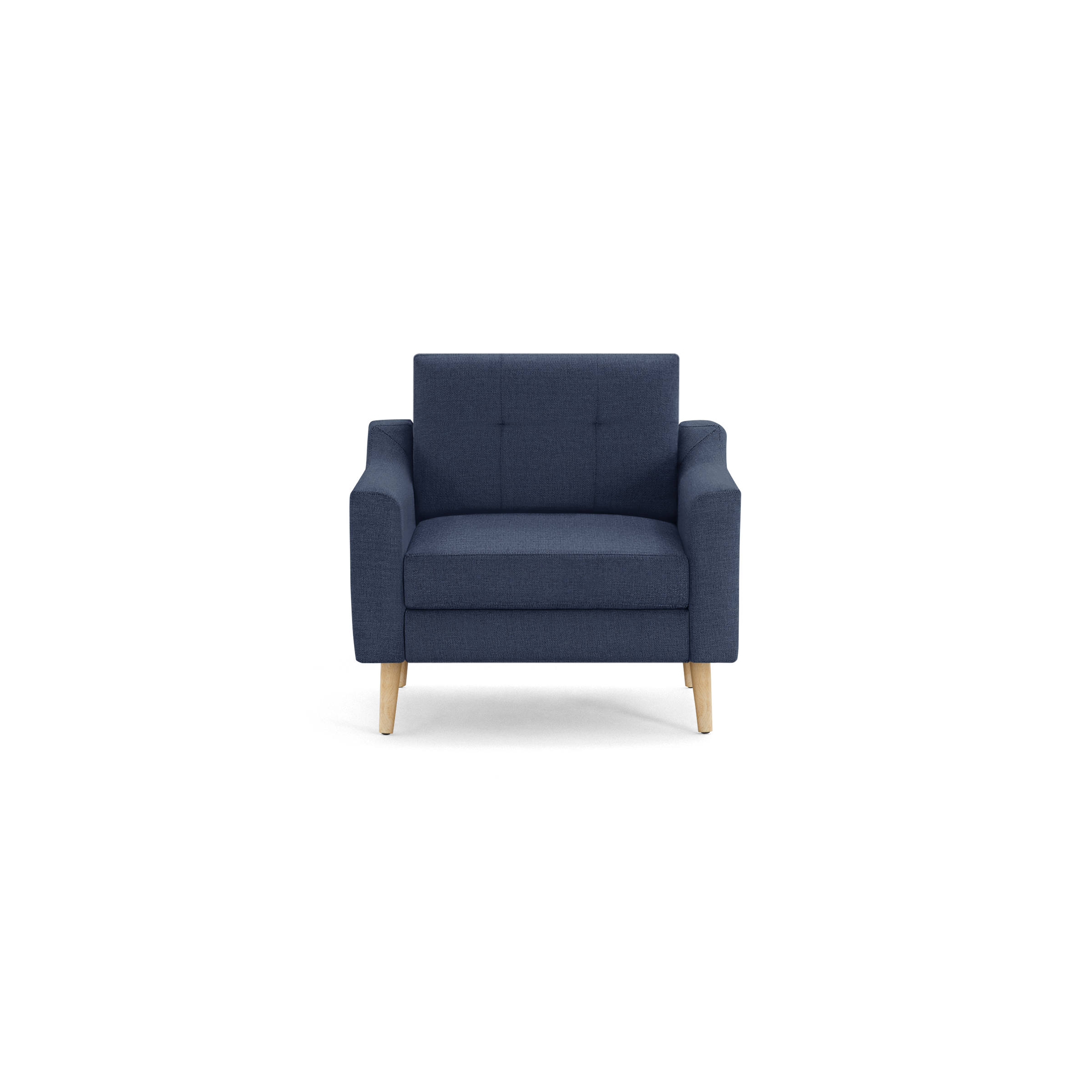 Modern navy blue upholstered armchair with wooden legs and minimalist design, featuring a cushioned seat and tufted backrest.